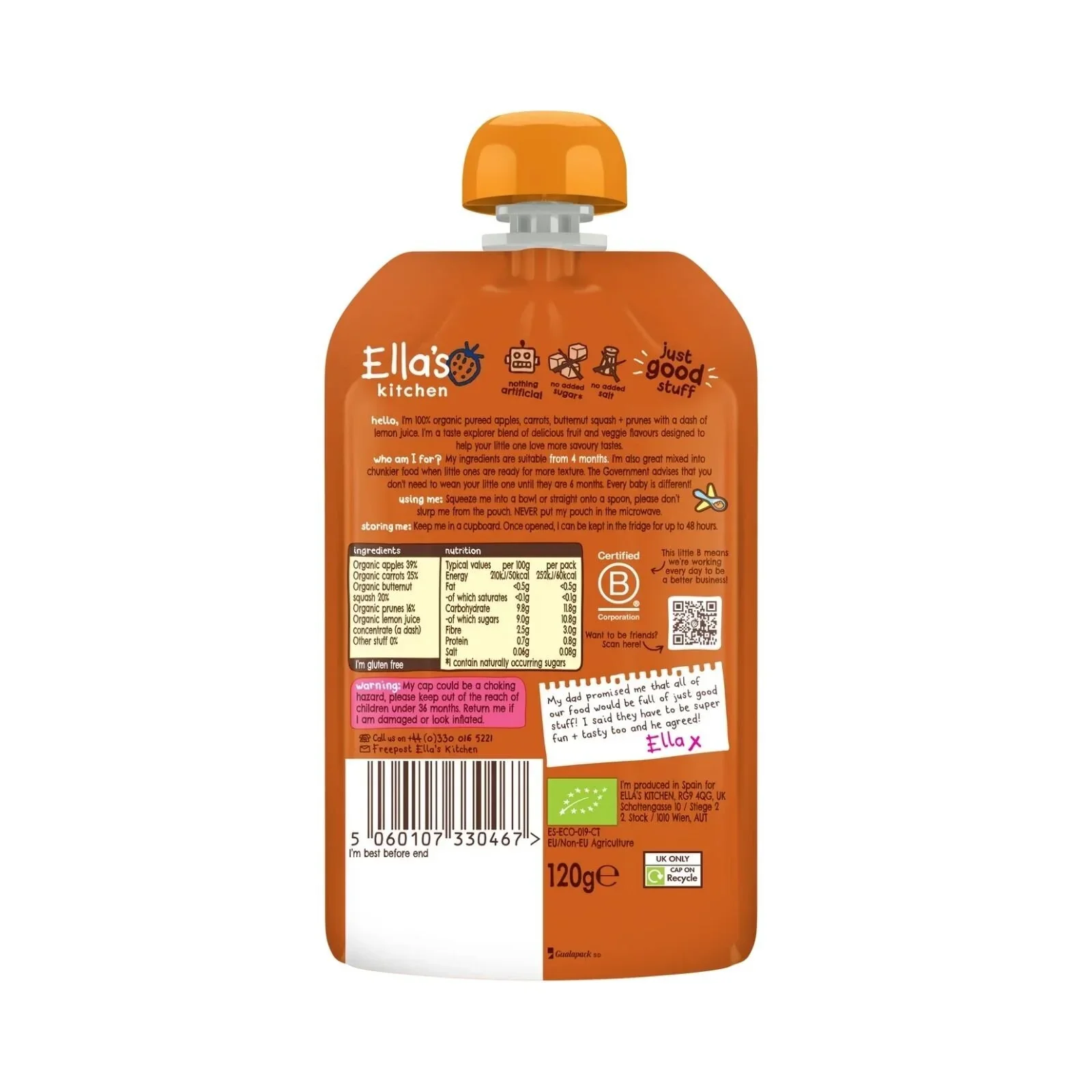 Ella's Kitchen Organic Squash Carrots Apples & Prunes Pouch 4+ months 120g - Image 2