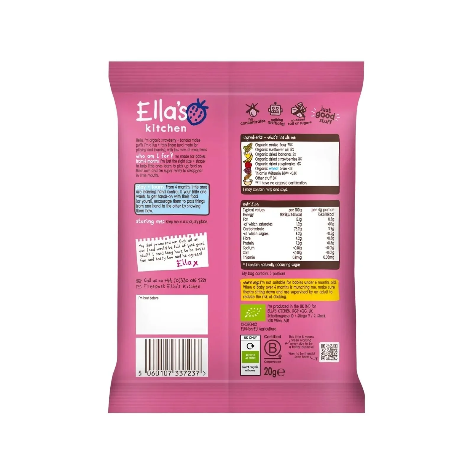 Ella's Kitchen Organic Strawberry & Banana Melty Puffs Baby Snack 6+ months 20g - Image 2