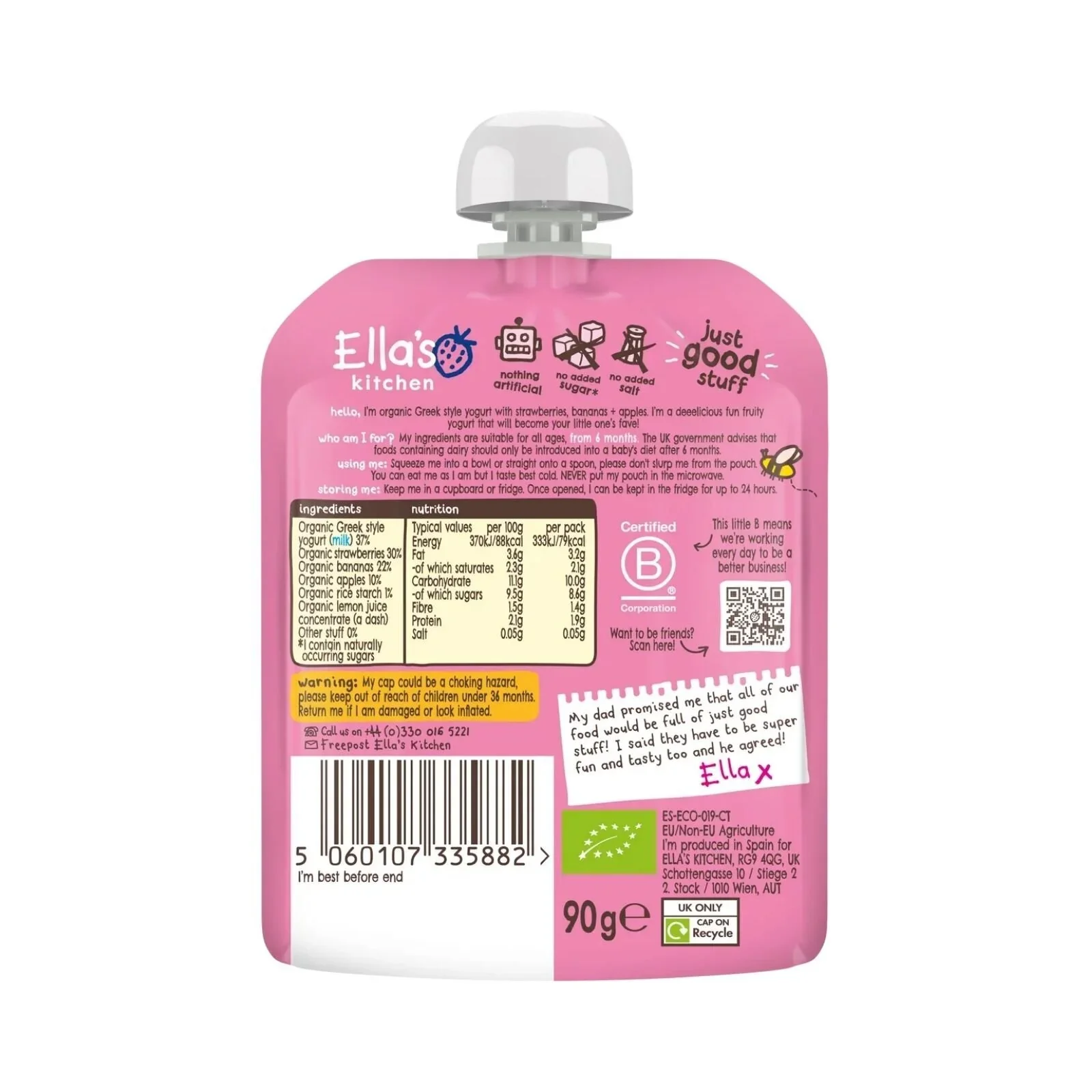 Ella's Kitchen Organic Strawberry Greek Style Yoghurt Baby Food Pouch 6+ months 90g - Image 2