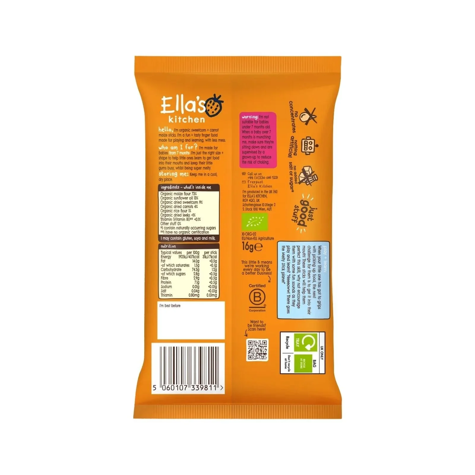 Ella's Kitchen Organic Sweetcorn & Carrot Melty Sticks Baby Snack 7+ months 16g - Image 2