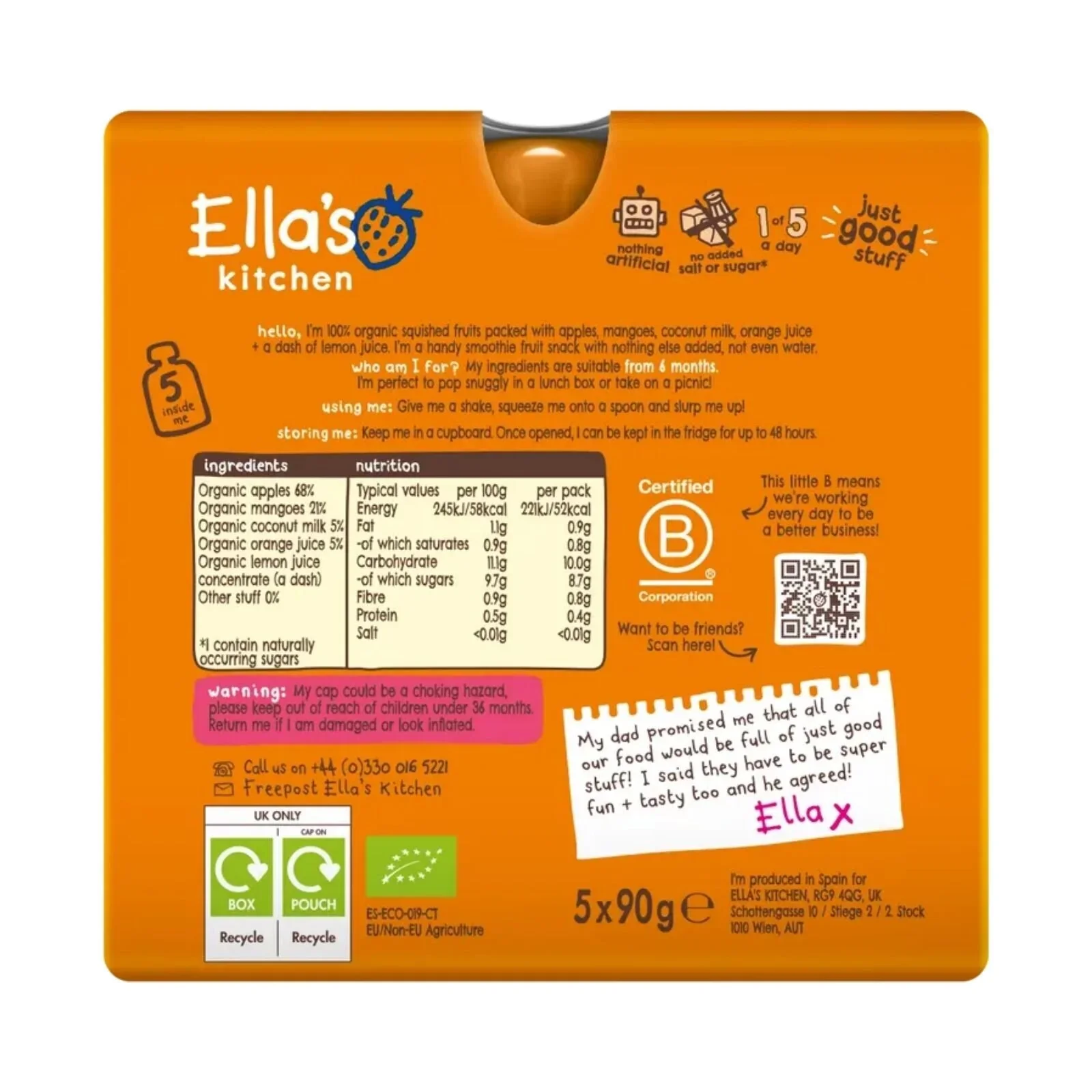 Ella's Kitchen Smoothie Organic The Orange One Multipack Baby Food Pouch 6+ months 450g (5x90g) - Image 2