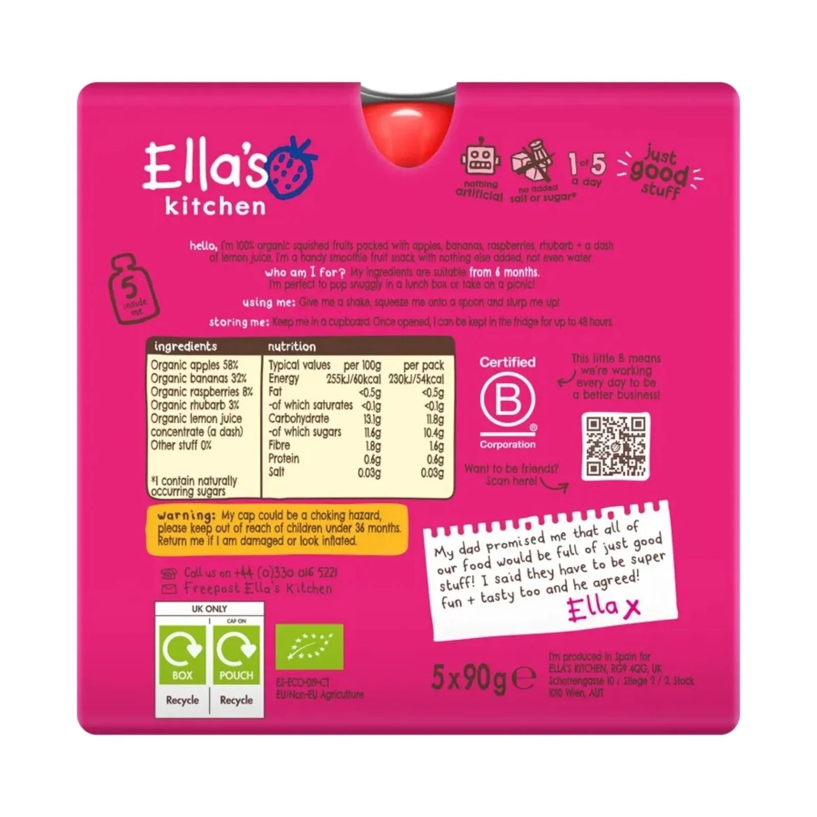 Ella's Kitchen Organic Smoothie The Pink One Multipack Baby Food Pouch 6+ months 450g (5x90g) - Image 2