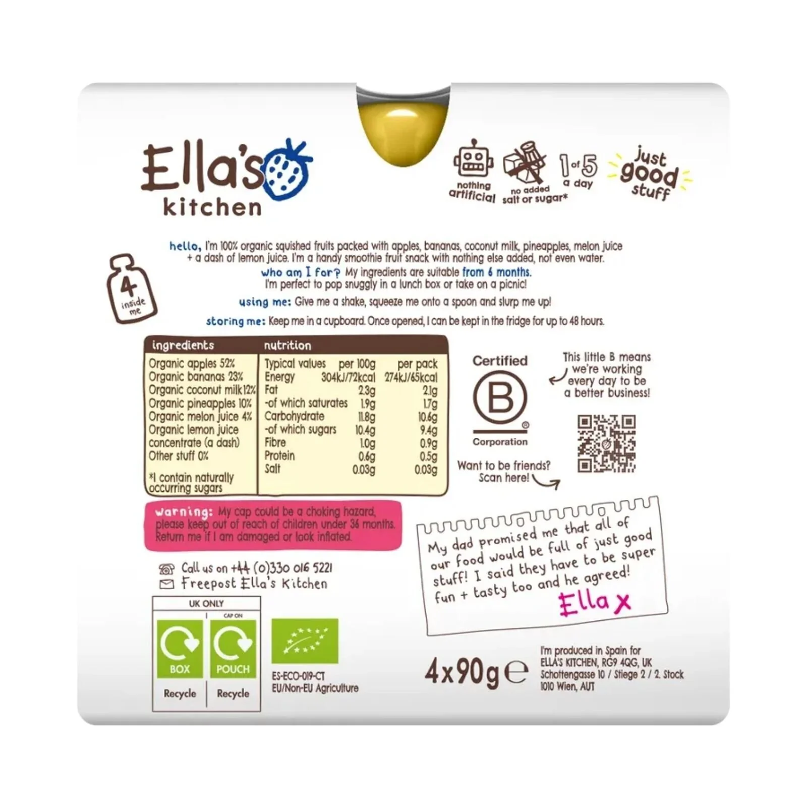 Ella's Kitchen Organic The White One Smoothie Multipack Baby Food Pouch 6+ months 360g (4x90g) - Image 2