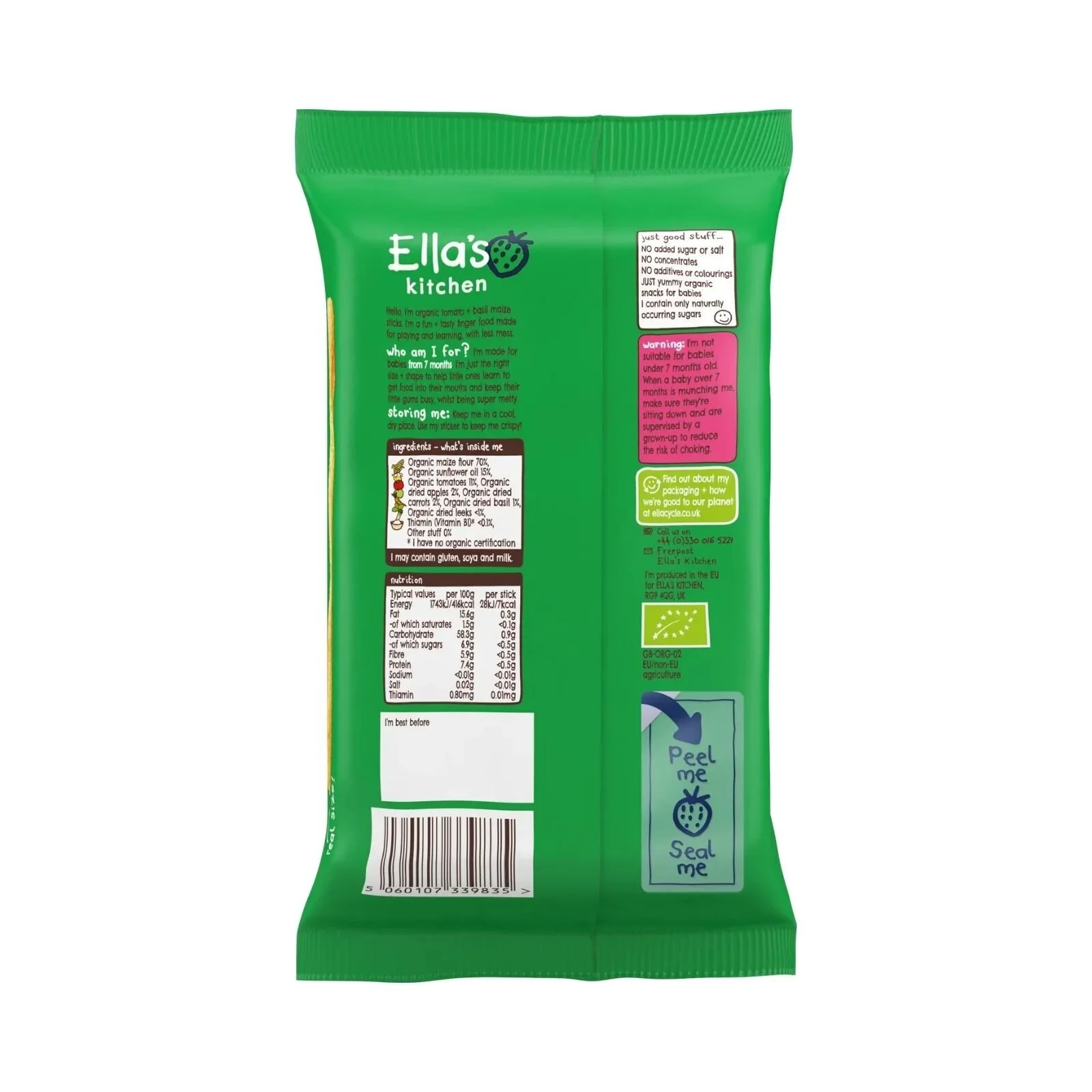 Ella's Kitchen Organic Tomato & Basil Melty Sticks Baby Snack 7+ months 16g - Image 2