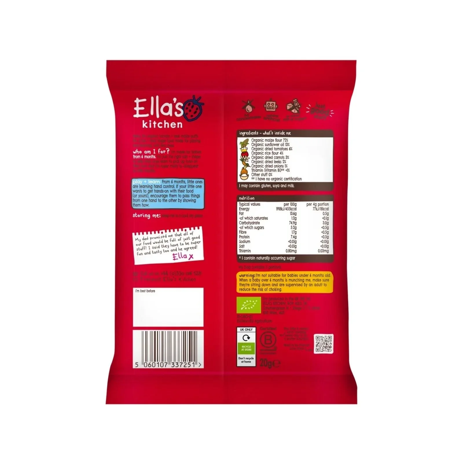 Ella's Kitchen Organic Tomato & Leek Melty Puffs Baby Snack 6+ months 20g - Image 2