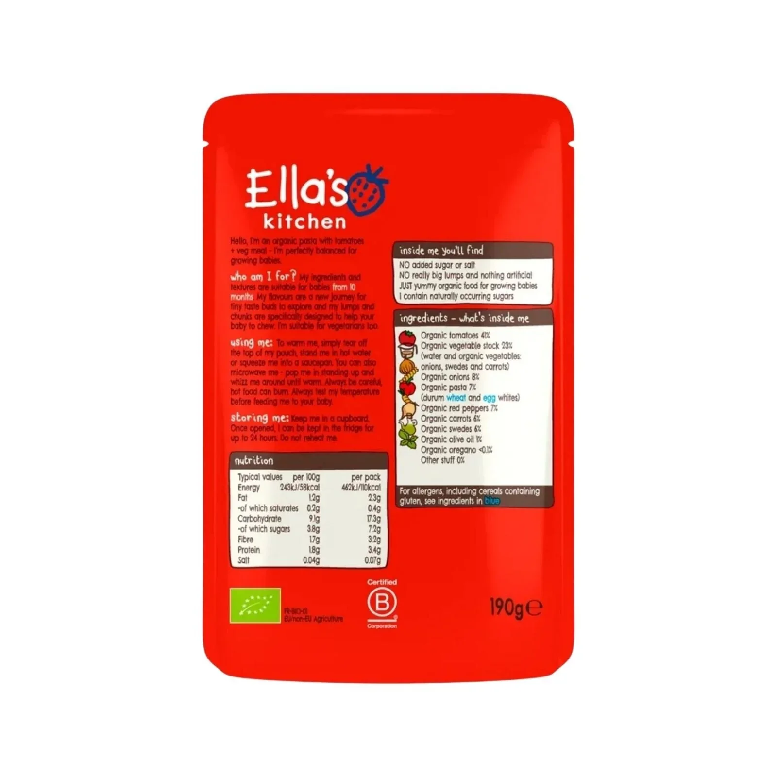 Ella's Kitchen Organic Tomato Pasta with Vegetables 10+ months 190g - Image 2