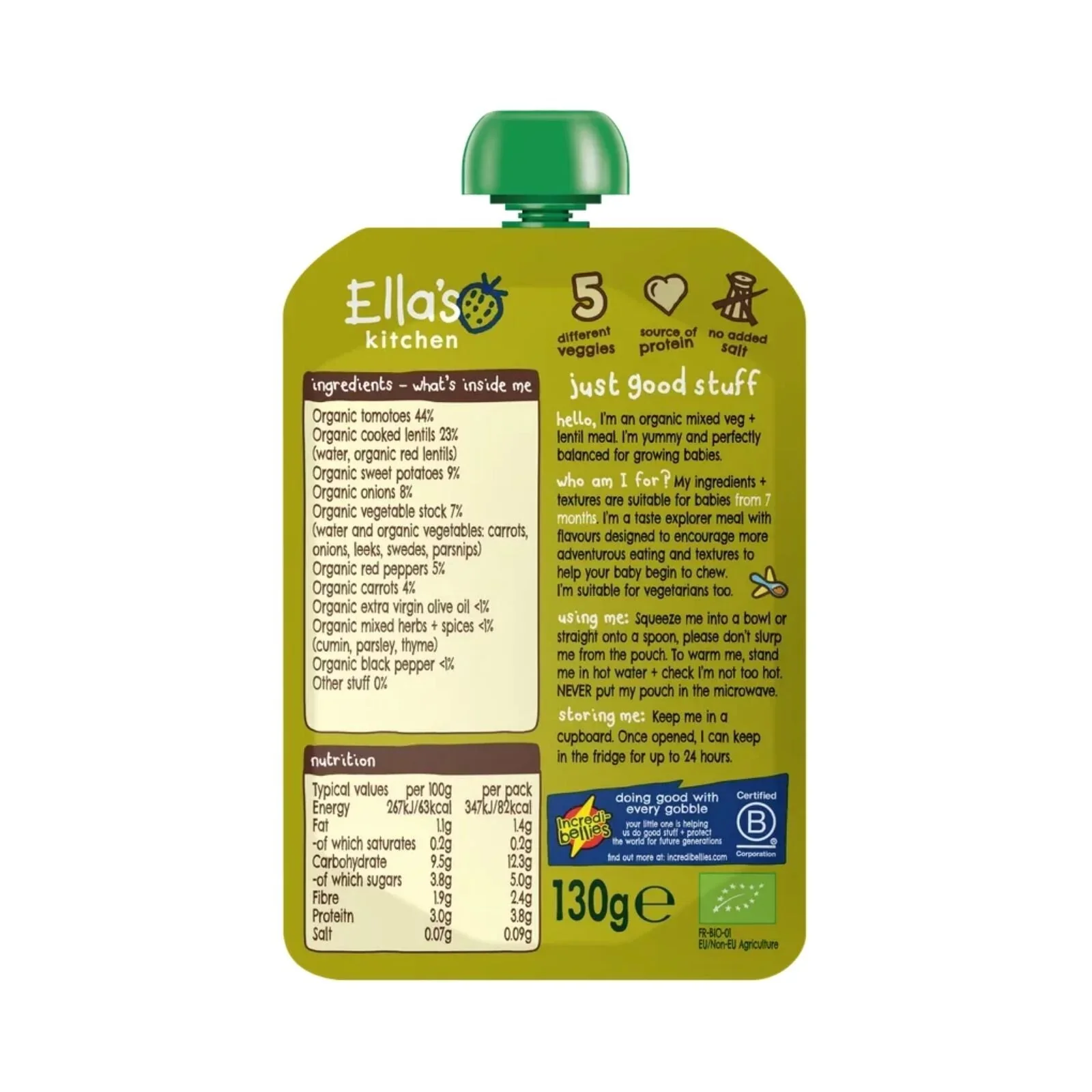 Ella's Kitchen Organic Vegetable & Lentil Bake Baby Food Pouch 7+ months 130g - Image 2