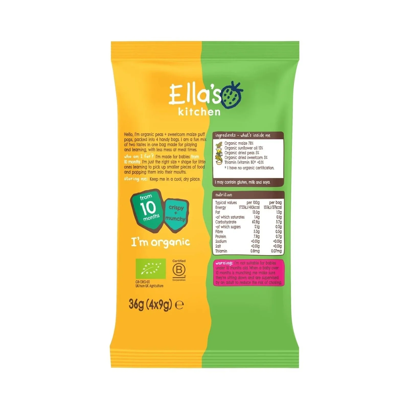 Ella's Kitchen Pea & Sweetcorn Puff Pops 10+ months 36g (4x9g) - Image 2