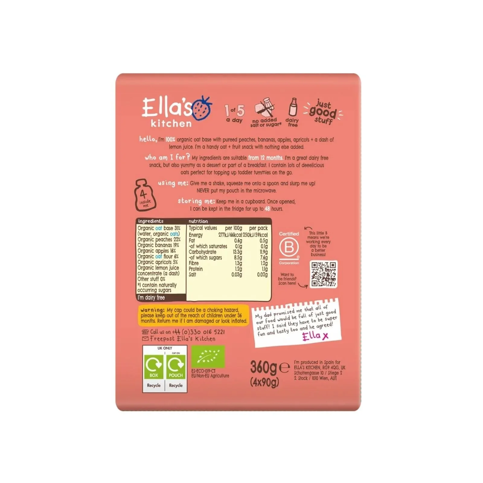Ella's Kitchen Peach & Banana Oaty Smooshy 12+ months 360g (4x90g) - Image 4