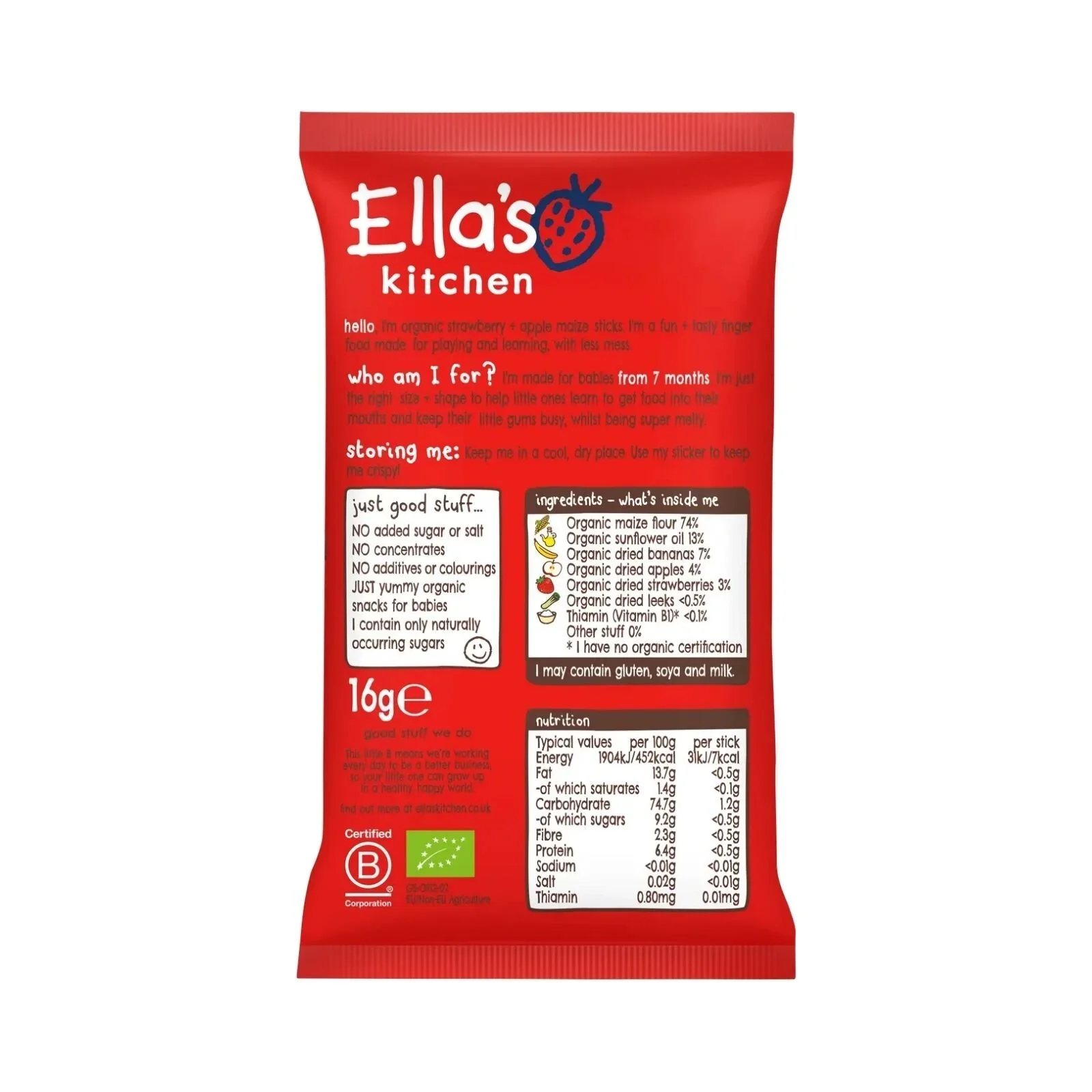 Ella's Kitchen Strawberry & Apple Melty Sticks Baby Snack 7+ months 16g - Image 2