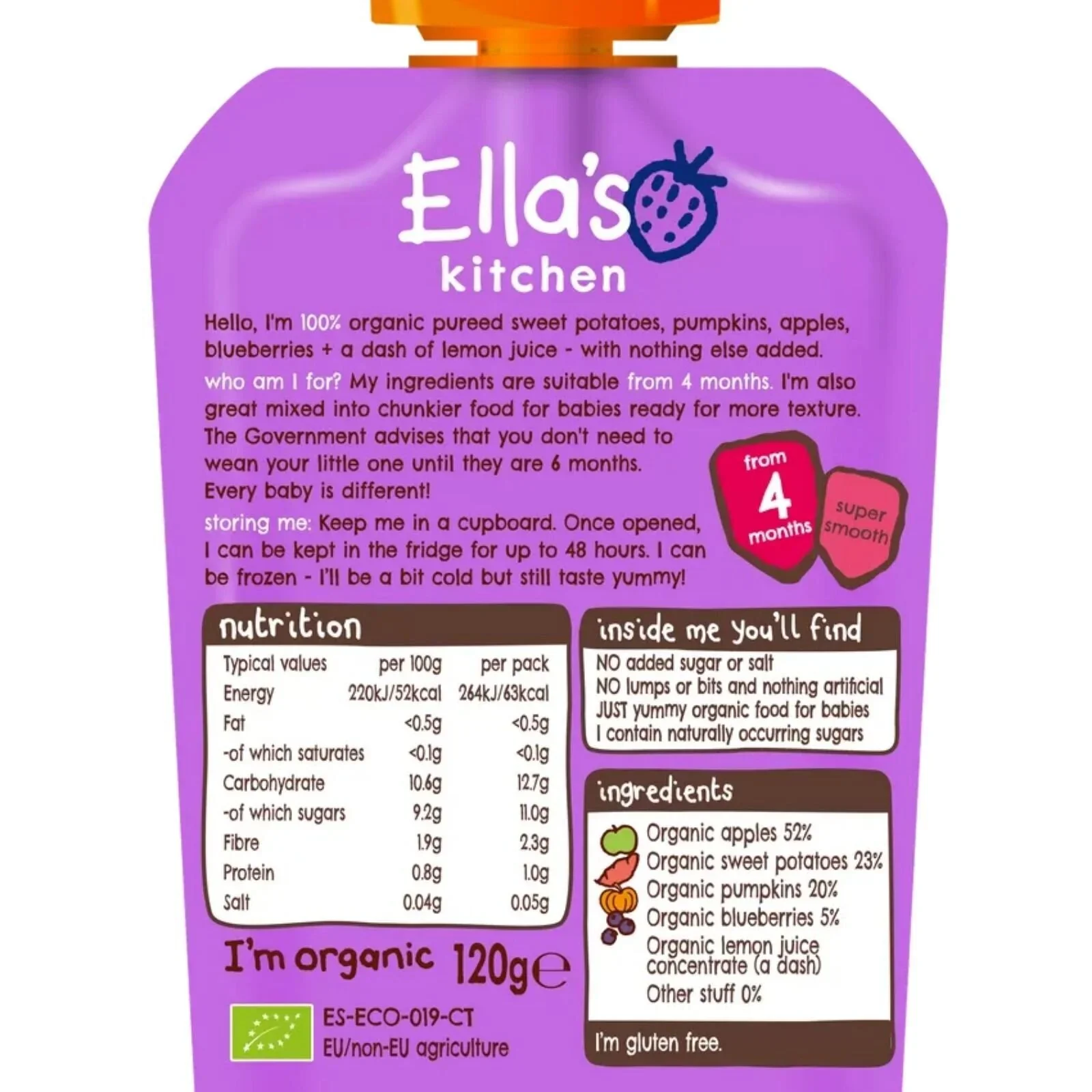 Ella's Kitchen Sweet Potatoes Pumpkins Apples & Blueberries 4+ months 120g - Image 2