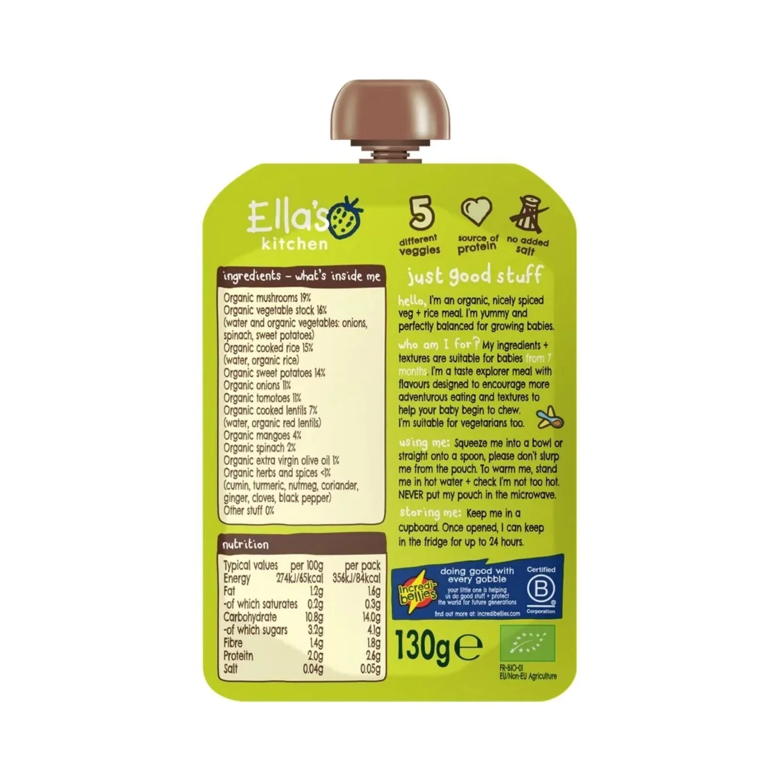 Ella's Kitchen Veggie Biryani with Mushrooms Baby Food Pouch 7+ months 130g - Image 2
