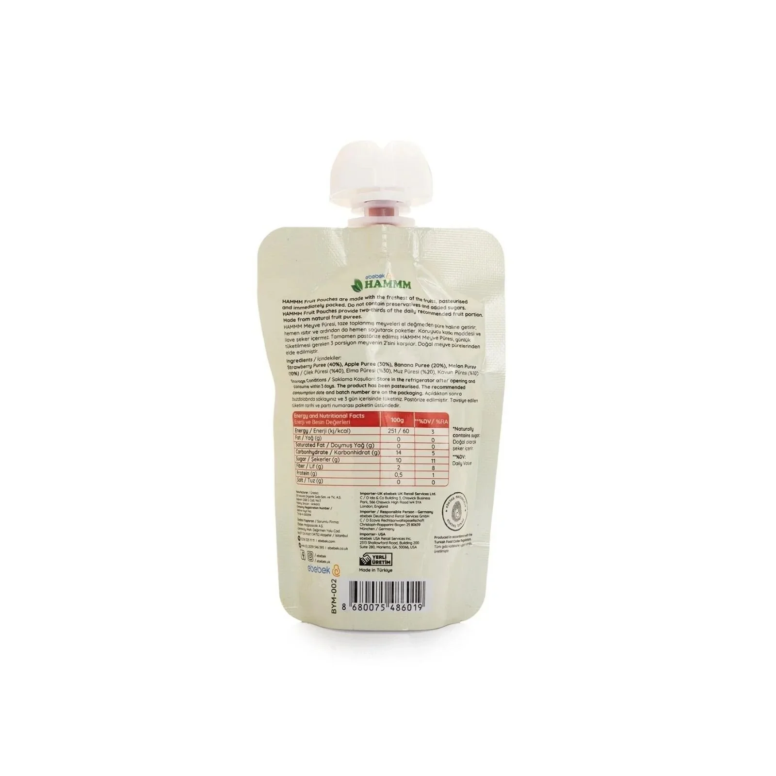 Hammm Strawberry Apple Banana & Melon Puree Pouch 90g - Image 3