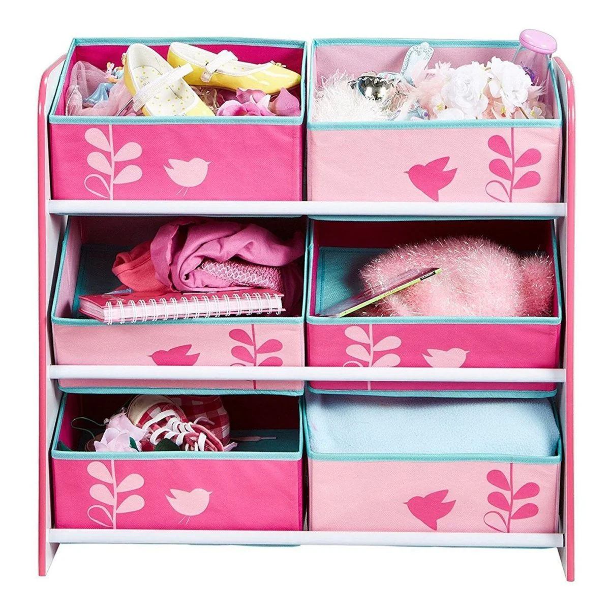 Hello Home Kids Bedroom Toy Storage Unit with 6 Fabric Storage Boxes - Flowers and Birds - Image 3