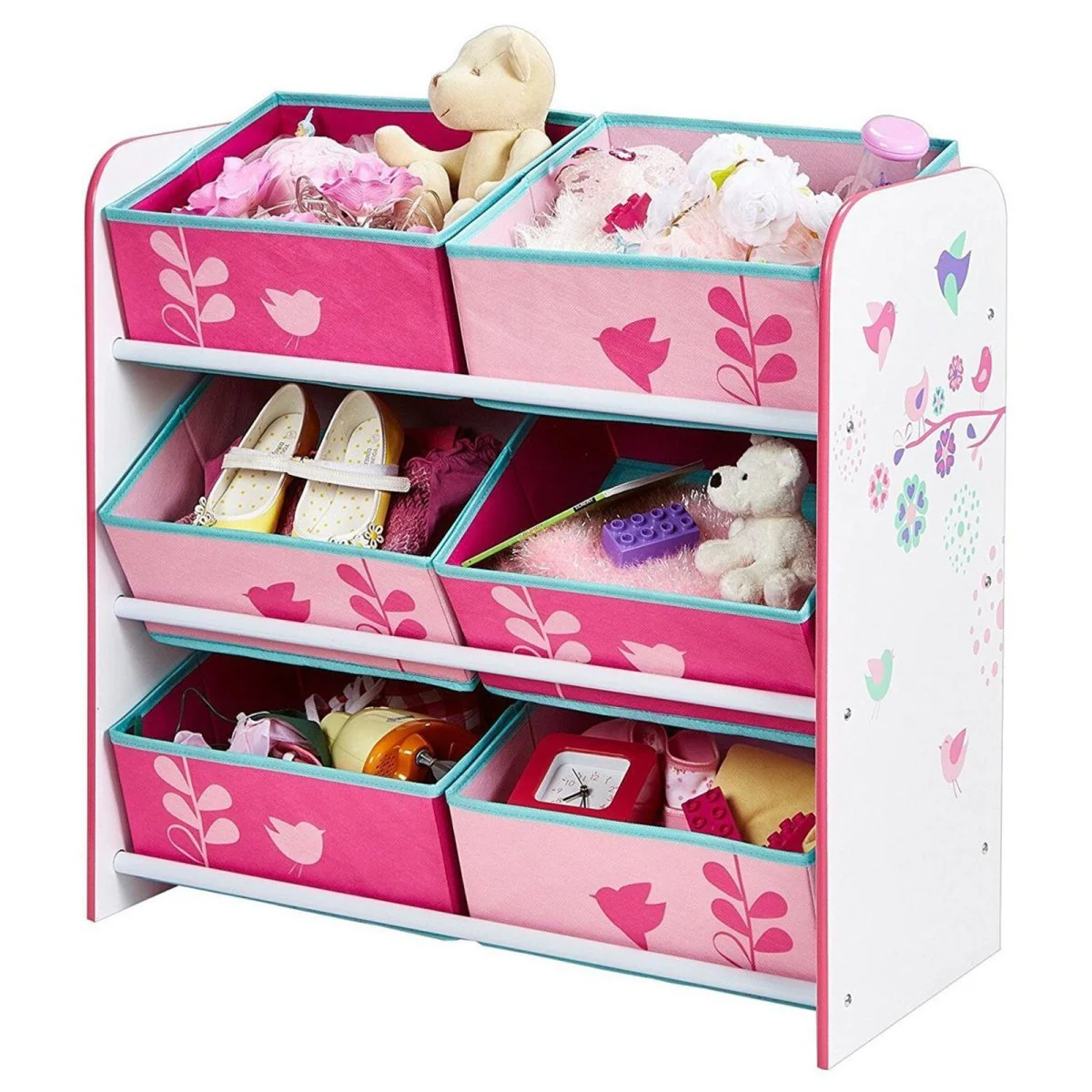 Hello Home Kids Bedroom Toy Storage Unit with 6 Fabric Storage Boxes - Flowers and Birds - Image 4