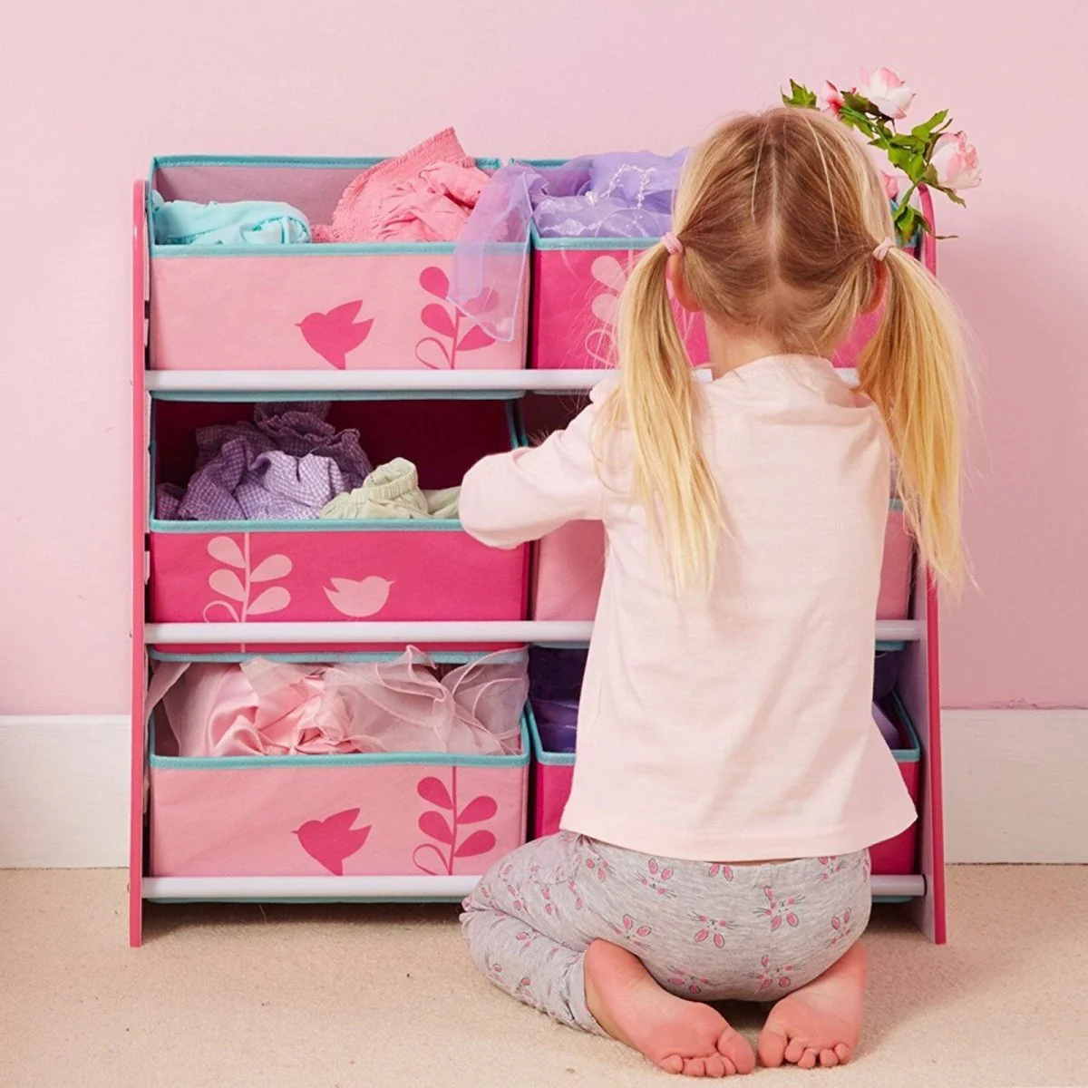 Hello Home Kids Bedroom Toy Storage Unit with 6 Fabric Storage Boxes - Flowers and Birds - Image 5