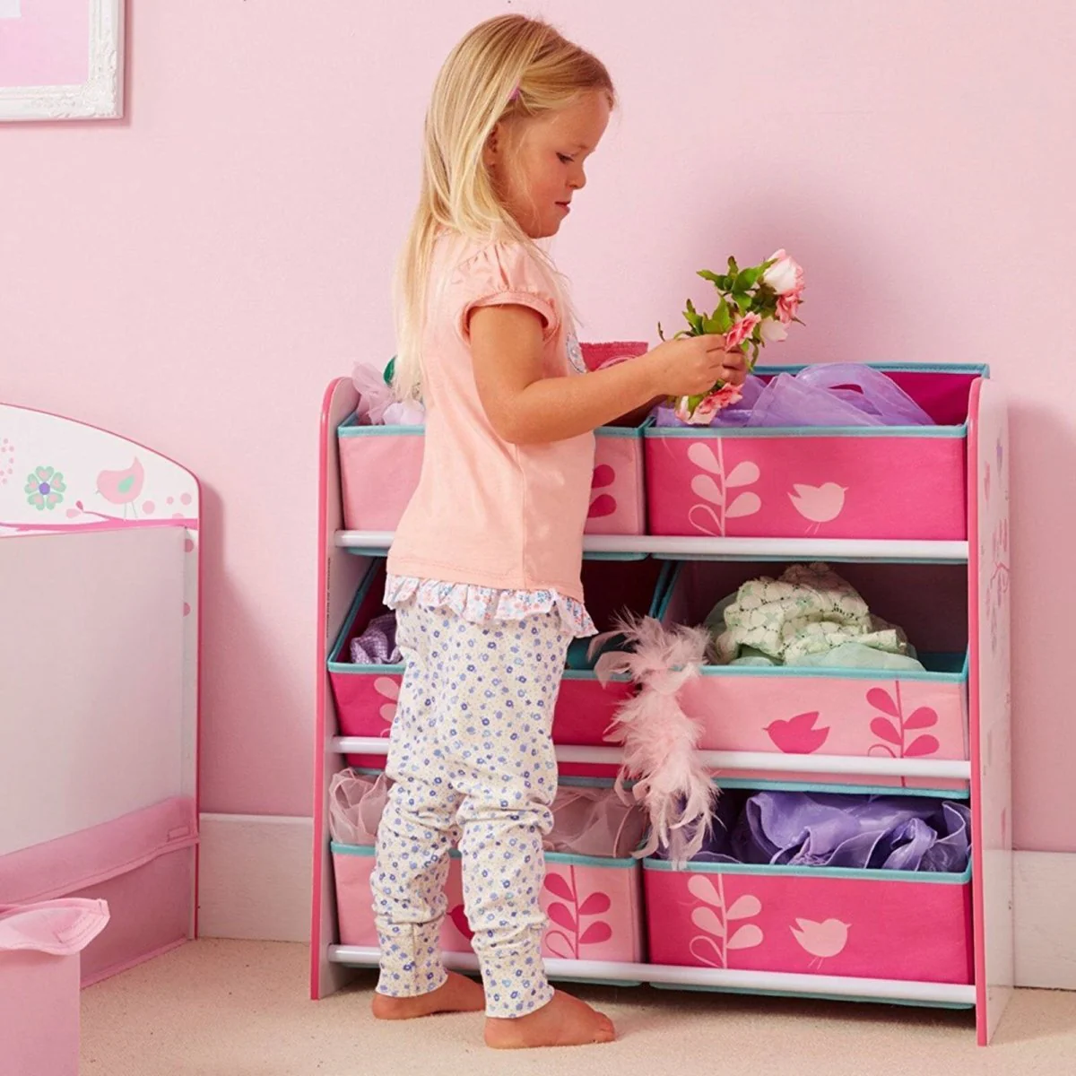 Hello Home Kids Bedroom Toy Storage Unit with 6 Fabric Storage Boxes - Flowers and Birds - Image 6