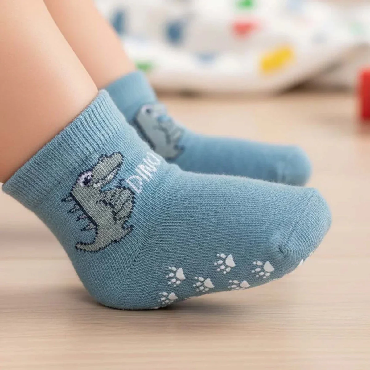 HelloBaby Boys Pack of 3 Non-Slip Socks Animal Print Cotton Rich - Light Blue - Image 2