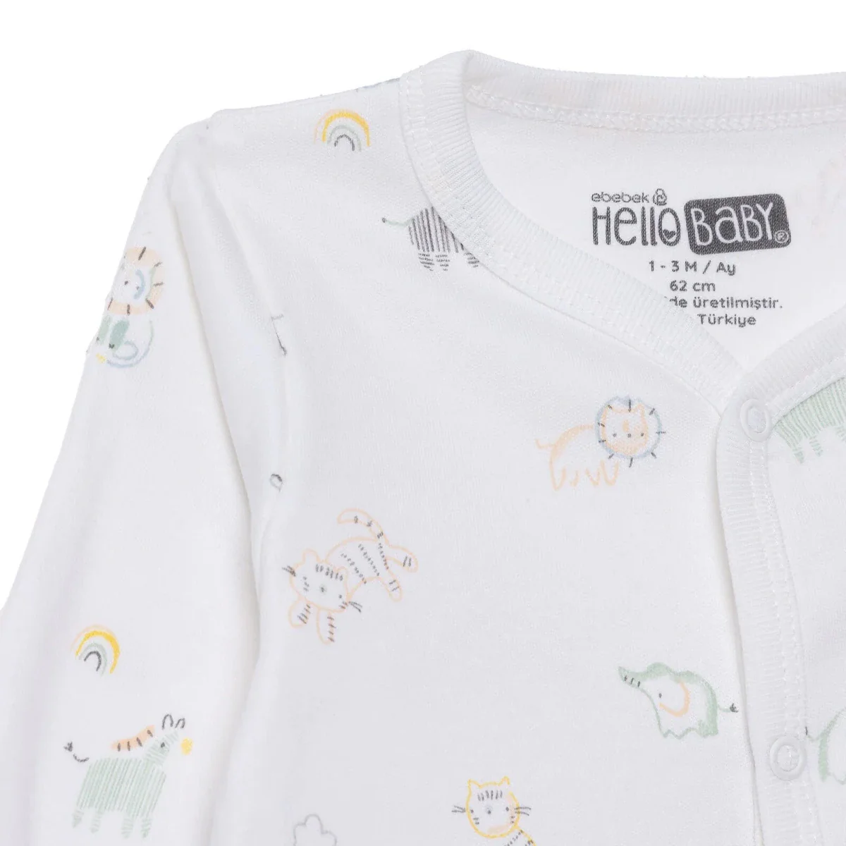 HelloBaby Boys Footed Romper Animal with Poppers Crew Neck Long Leg Long Sleeve - White Printed - Image 3