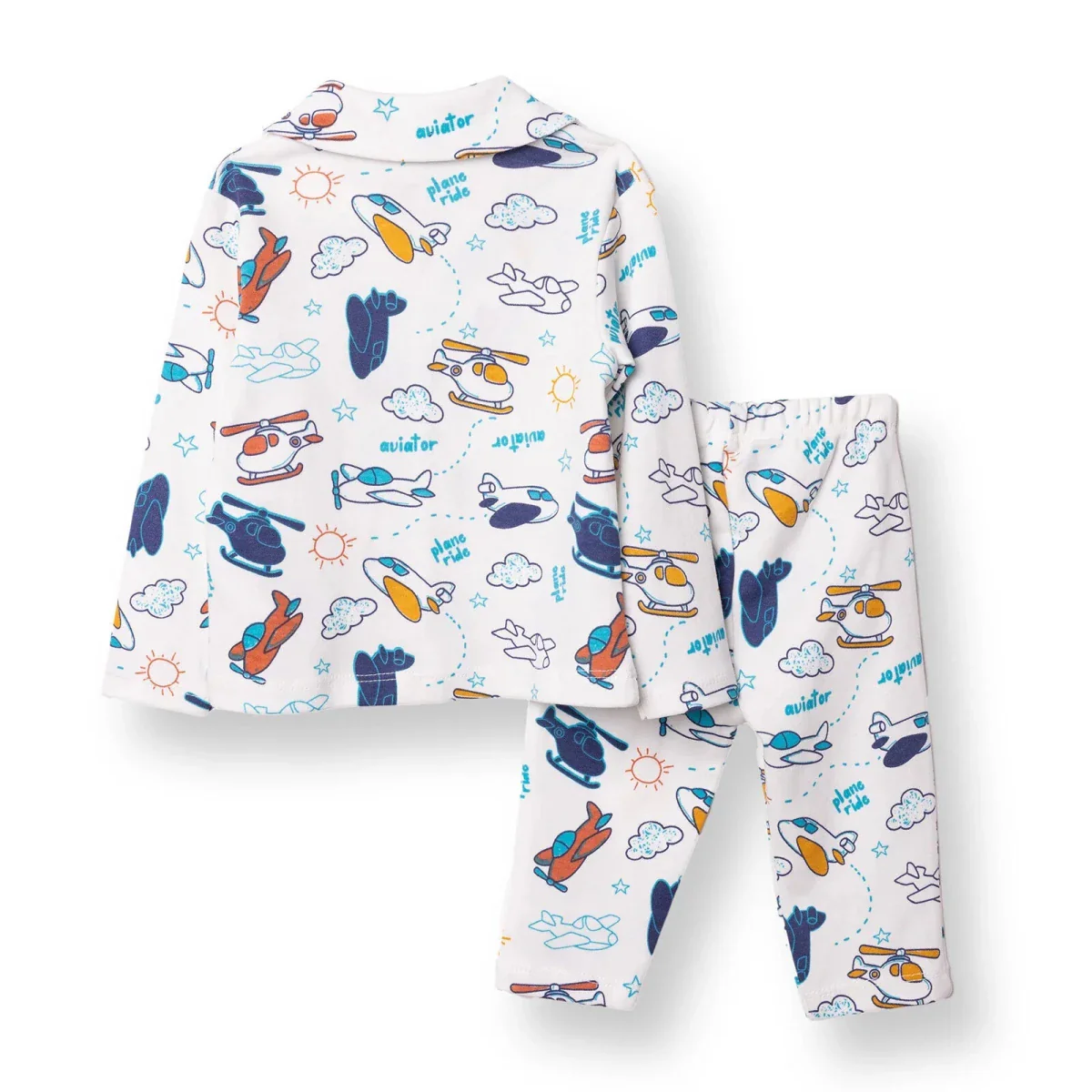 HelloBaby Boys Long Sleeve Pyjamas Set with Buttons Peter-Pan Collar Long Leg Long Sleeve - Ecru - Image 2