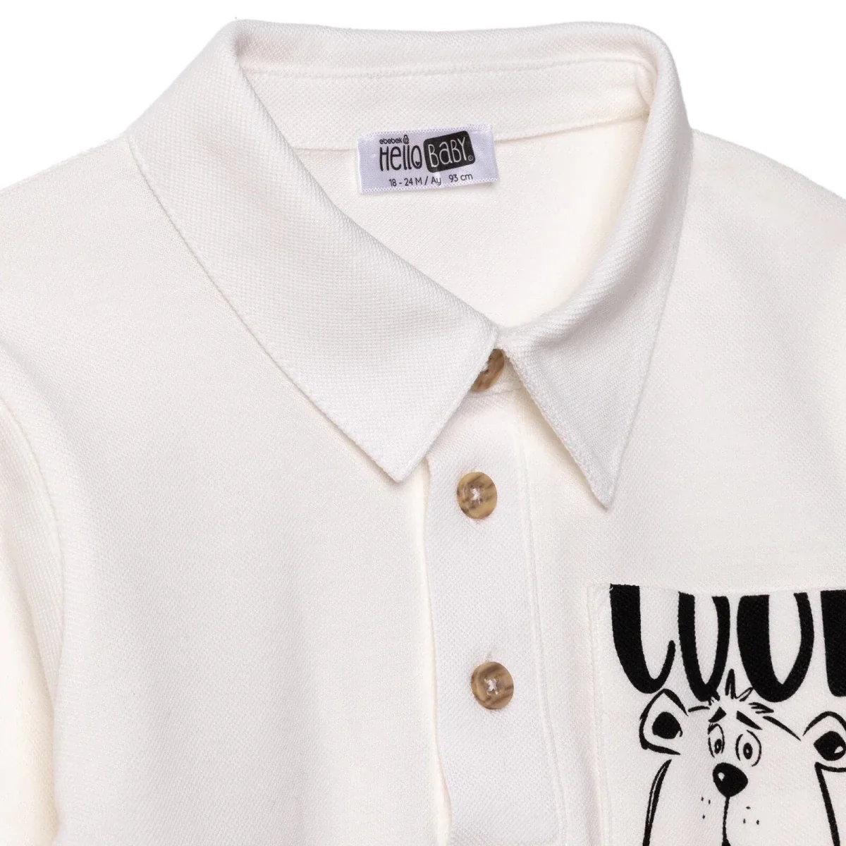 HelloBaby Boys Long Sleeve T-shirt Bear Print Buttoned Cool Boy Polo Collar Long Sleeve - Ecru - Image 3