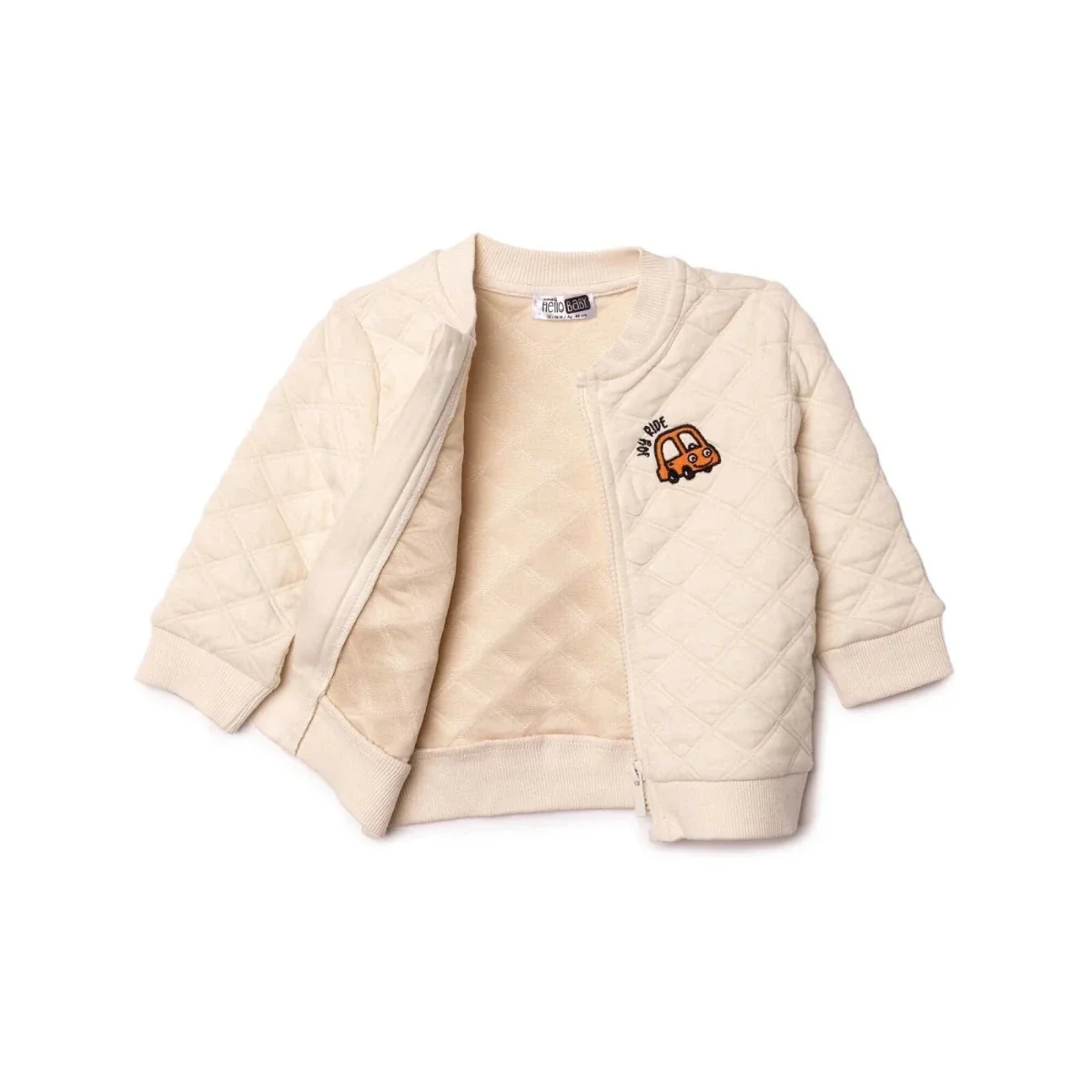 HelloBaby Boys Quilted Cardigan Zip Fastening Little Car Mandarin Collar Long Sleeve - Ecru - Image 3
