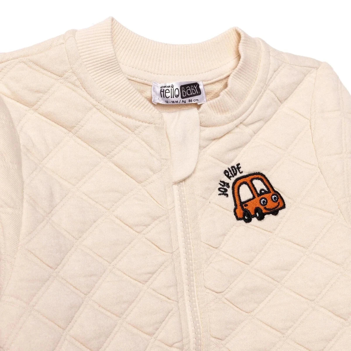 HelloBaby Boys Quilted Cardigan Zip Fastening Little Car Mandarin Collar Long Sleeve - Ecru - Image 4