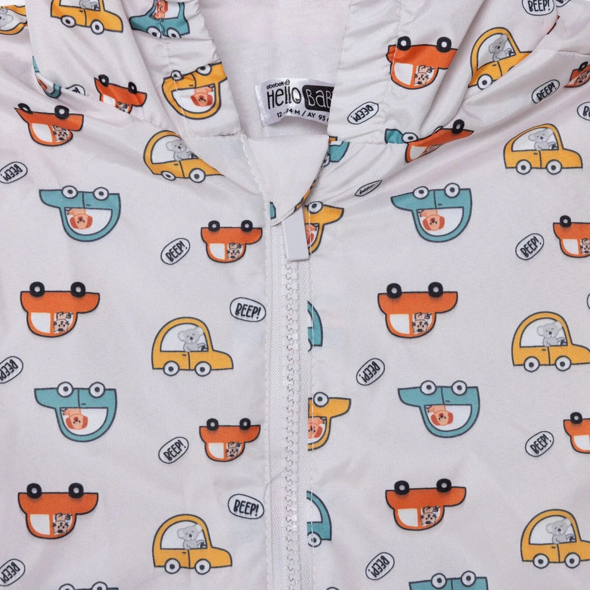 HelloBaby Boys Raincoat Car Print Zip Fastening Hooded Long Sleeve - Ecru Printed - Image 4