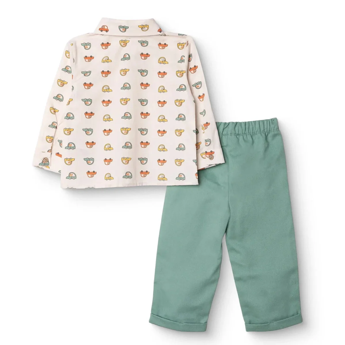 HelloBaby Boys Shirt & Trousers Set Car Print Buttoned Little Car Shirt Collar Full Length Long Slee - Ecru Printed - Image 2
