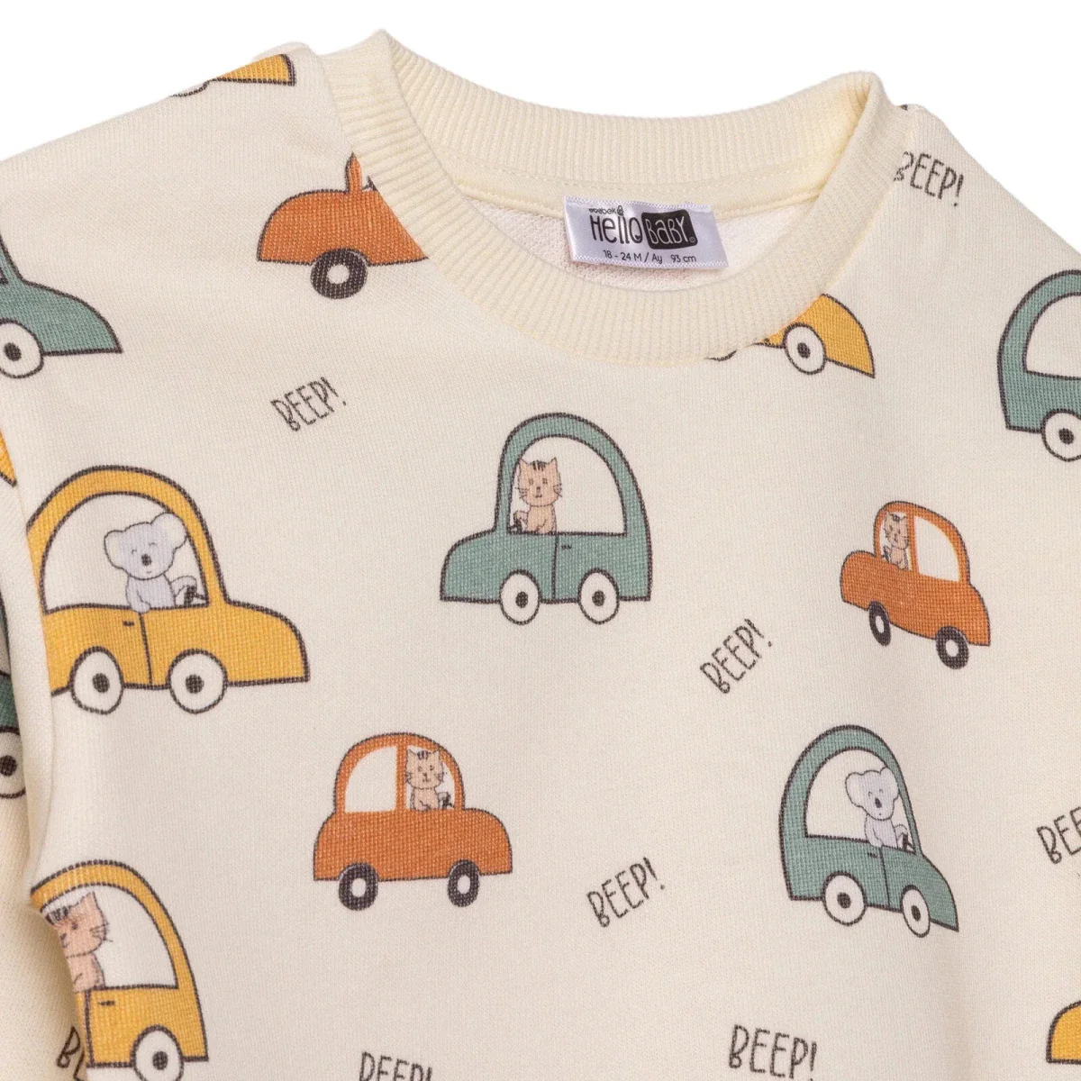 HelloBaby Boys Sweatshirt Car Print Little Car Crew Neck Long Sleeve - Ecru Printed - Image 4
