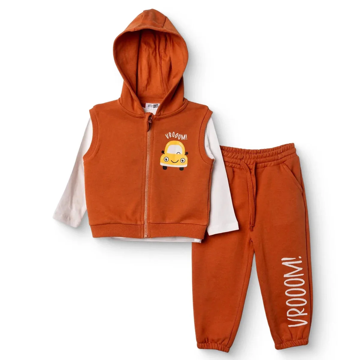 HelloBaby Boys Sweatshirt Waistcoat & Bottom Set Vehicle Print Zip Fastening Little Car Crew Neck Fu - Dark Orange - Image 3