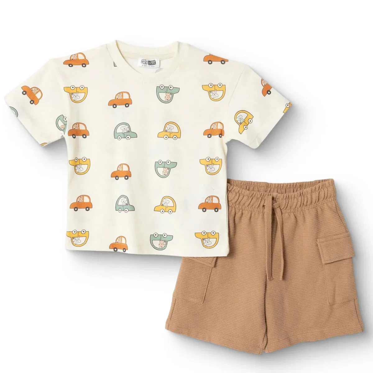 HelloBaby Boys T-shirt & Shorts Set Vehicle Print Little Car Crew Neck Short Length Short Sleeve - Ecru Printed