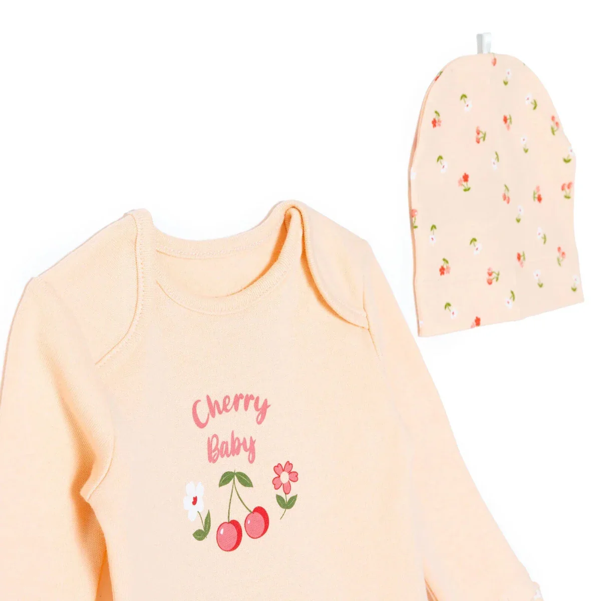 HelloBaby Girls Body-Footed Bottom-Hat Cherry with Poppers Crew Neck Long Leg Long Sleeve - Light Pink - Image 3