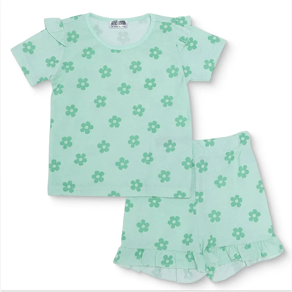 HelloBaby Girls T-shirt & Shorts Set Floral Print - Green Printed