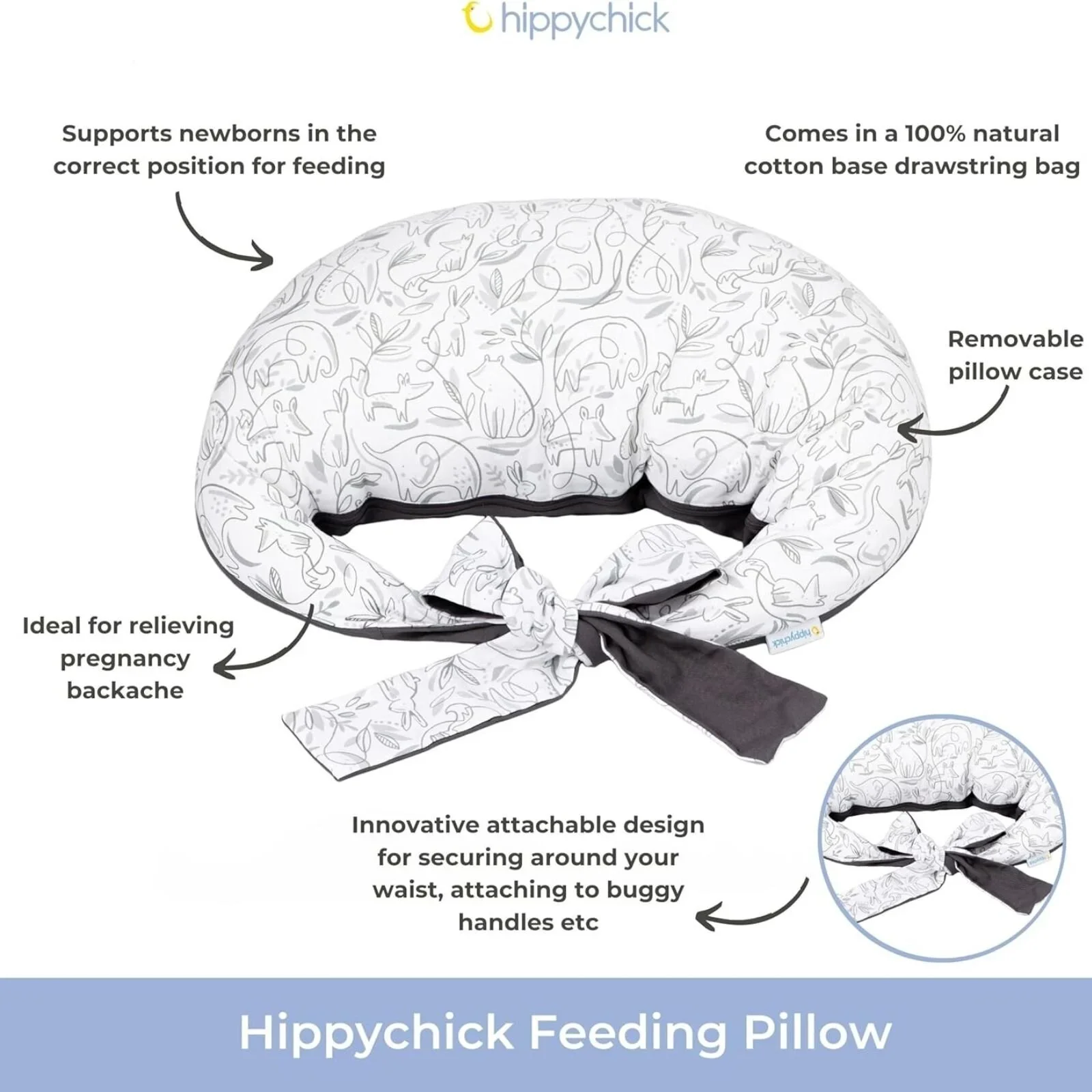 Hippychick Feeding Pillow - Animal Friends Grey - Image 2