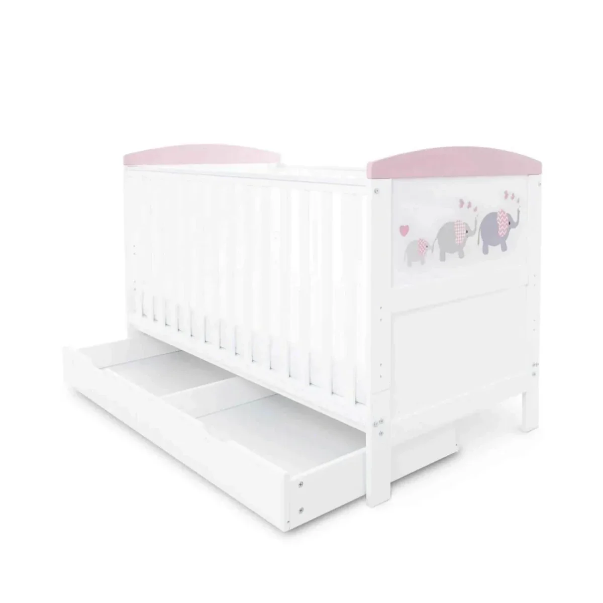 Ickle Bubba Coleby Style Cot Bed with Under Drawer Elephant Love Pink - Premium Pocket Sprung Mattress - Image 4