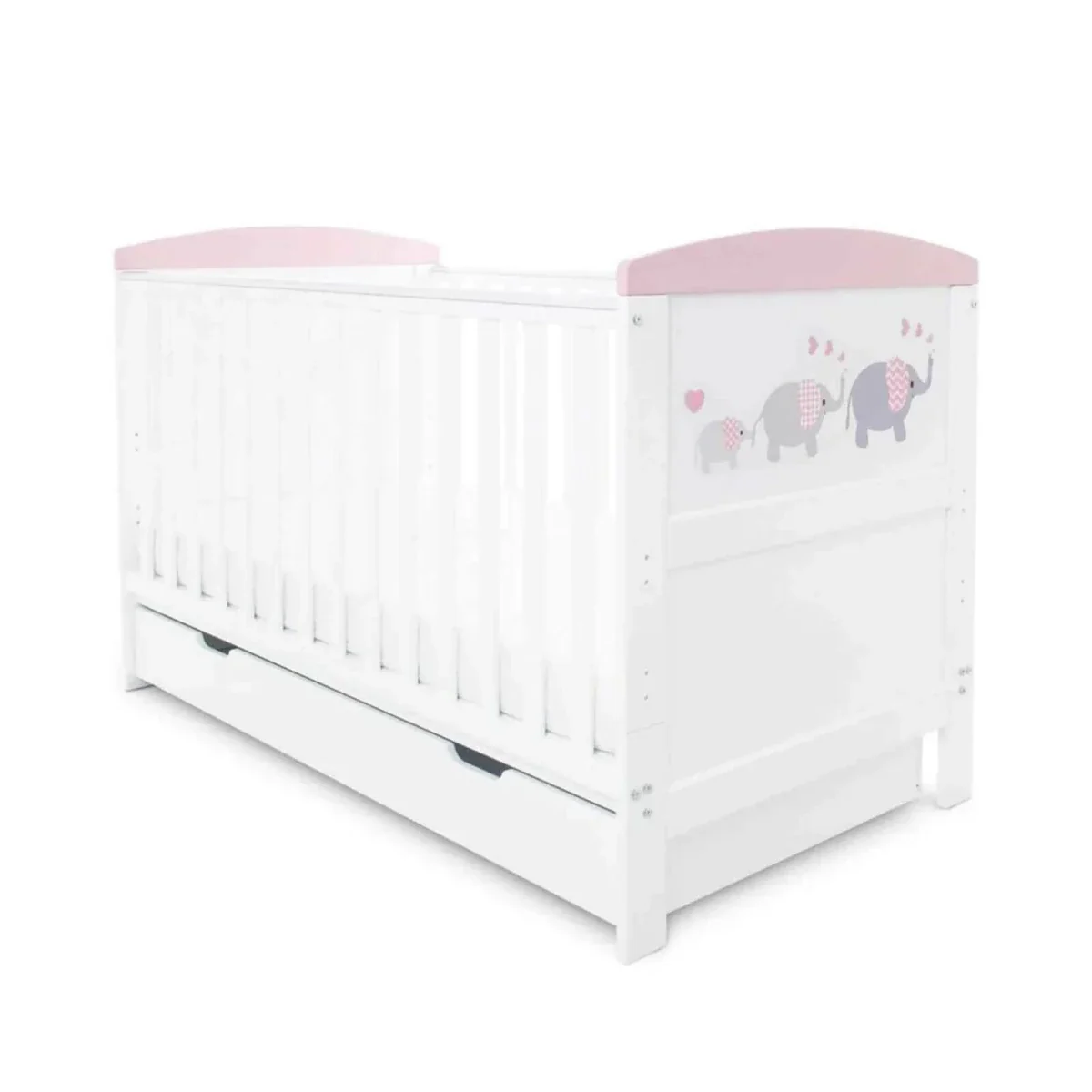 Ickle Bubba Coleby Style Cot Bed with Under Drawer Elephant Love Pink - Without Mattress - Image 2