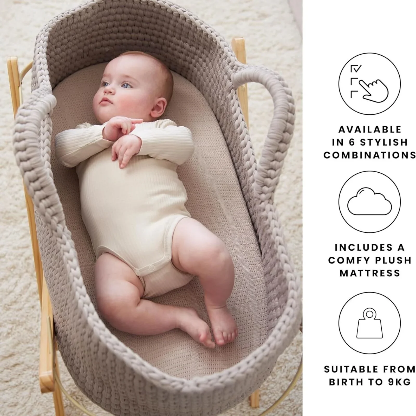 Ickle Bubba Nova Moses Basket & Stand - Mocha & Pine - Image 11