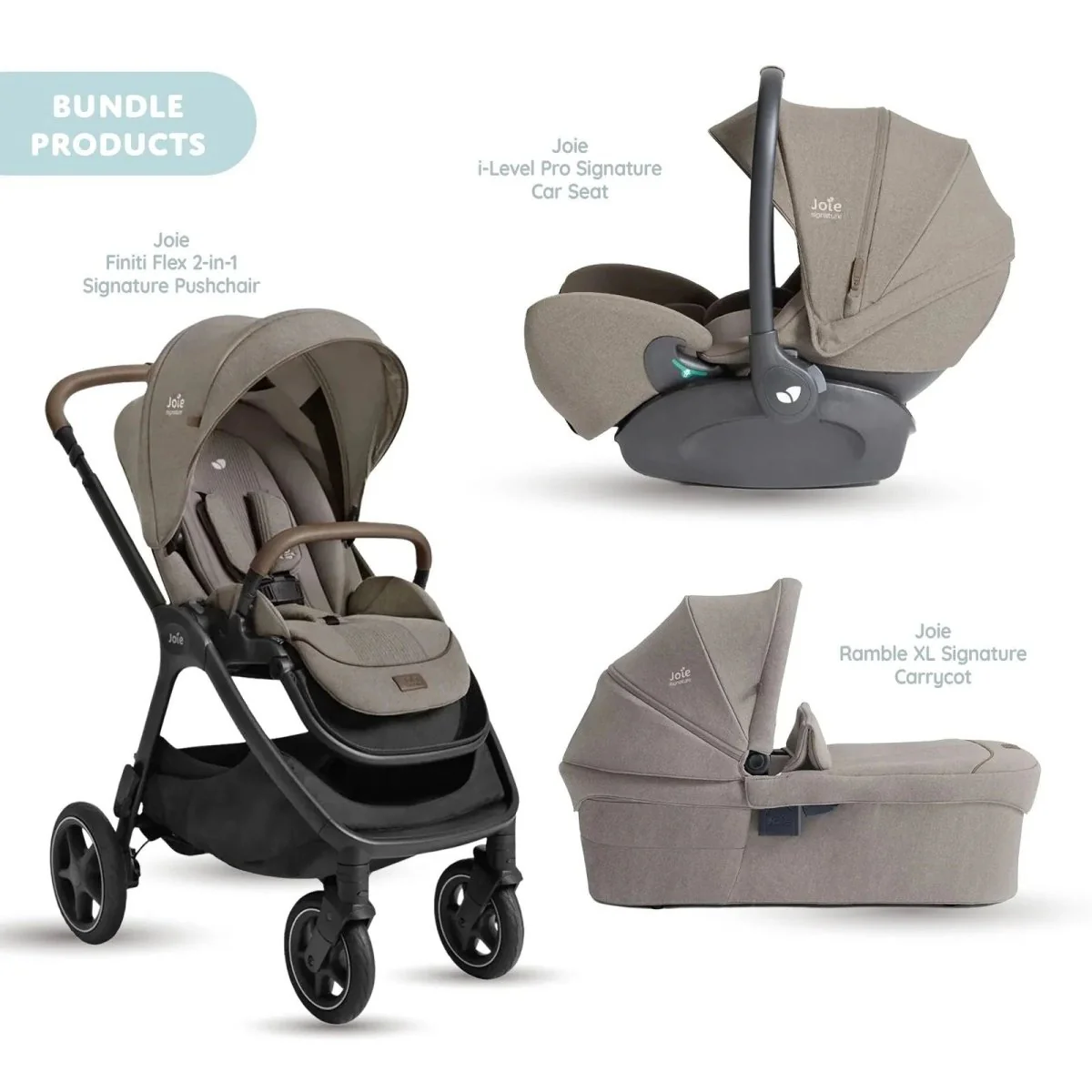 Joie Finit Flex Signature Pushchair with I-Level Car Seat & Ramble XL Signature Carrycot Travel System - Maple