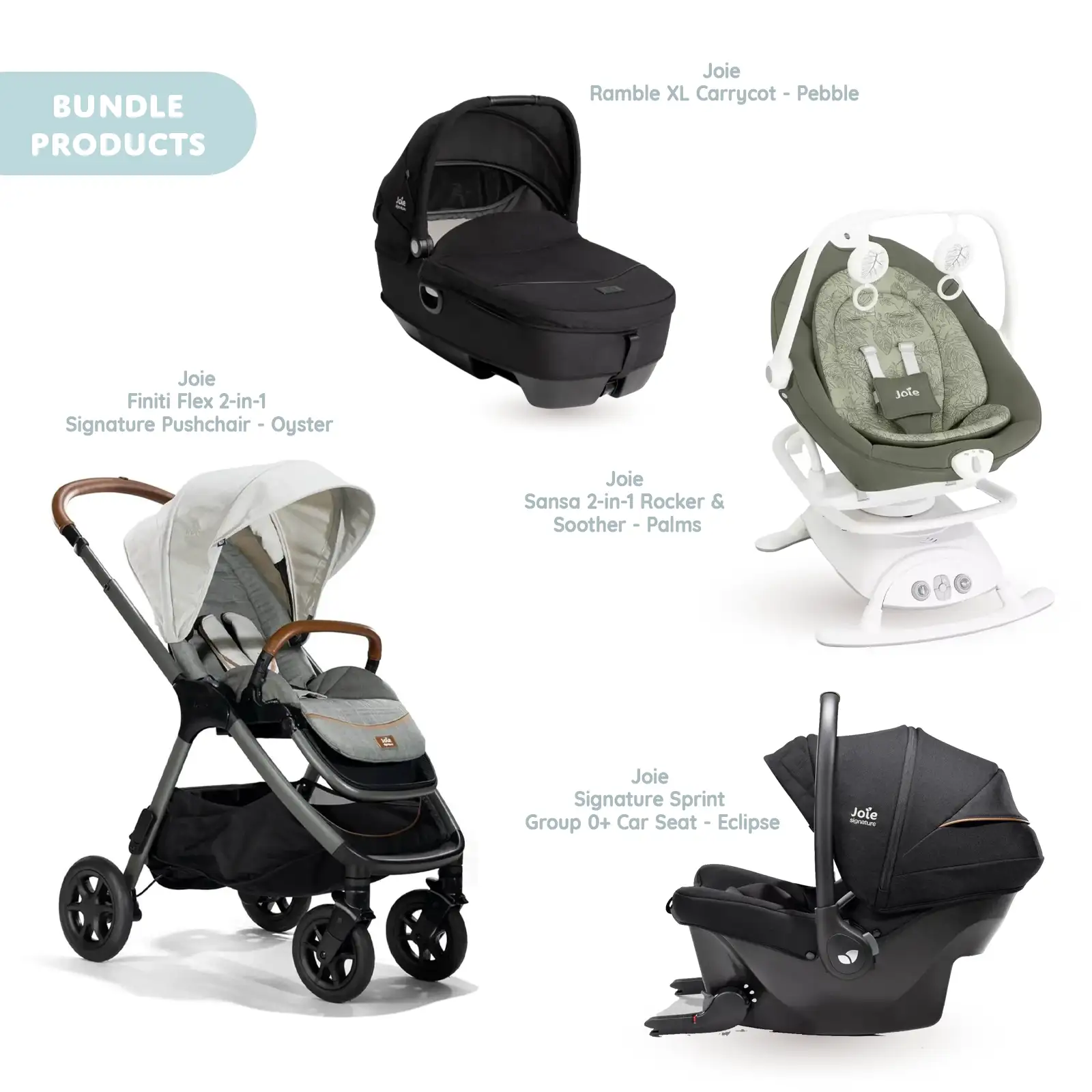 Joie Finiti Signature Pushchair with Sprint Car Seat & Calmi Carrycot & Sansa Rocker - Oyster