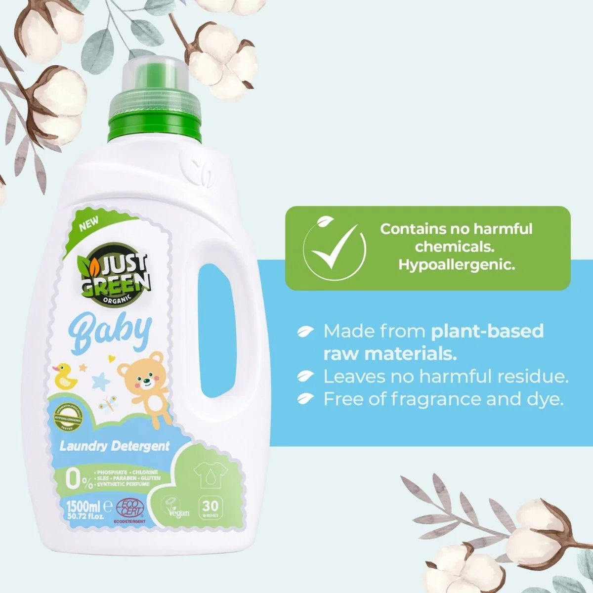 Just Green Organic Baby Laundry Liquid 1500ml - Image 2