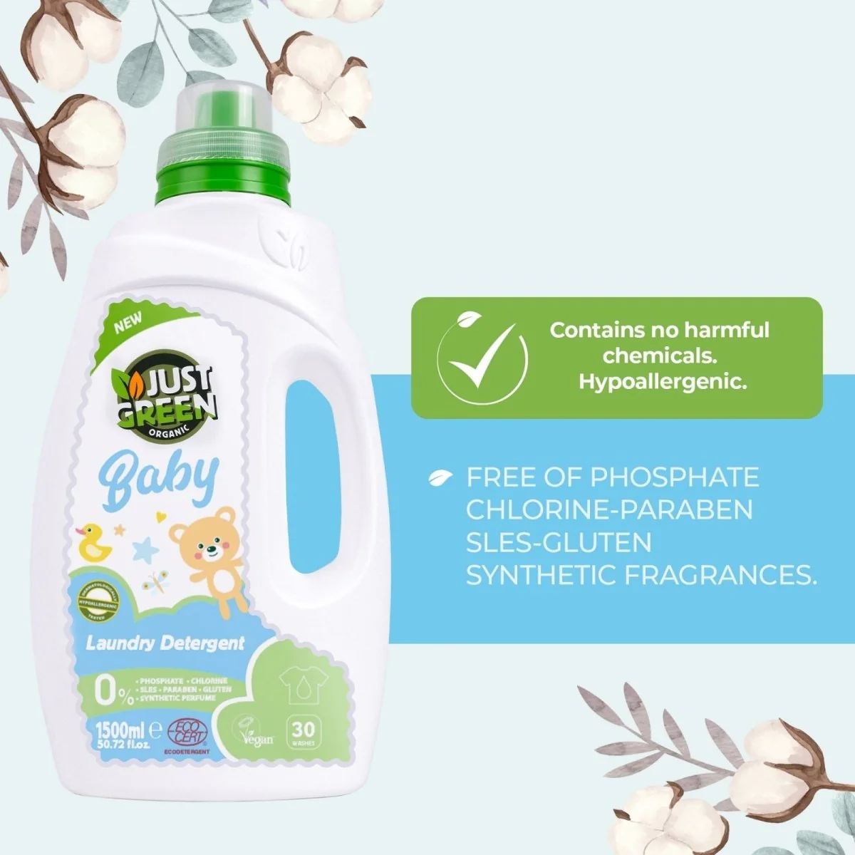 Just Green Organic Baby Laundry Liquid 1500ml - Image 3