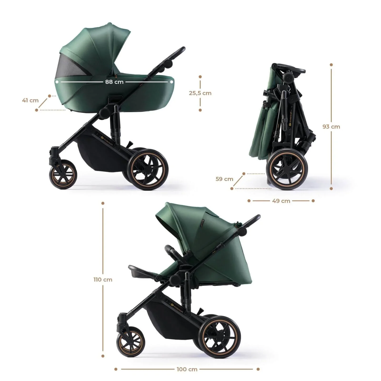 Kinderkraft 3-in-1 Mink Pro Prime 2 Travel System with Car Seat - Dark Green - Image 5