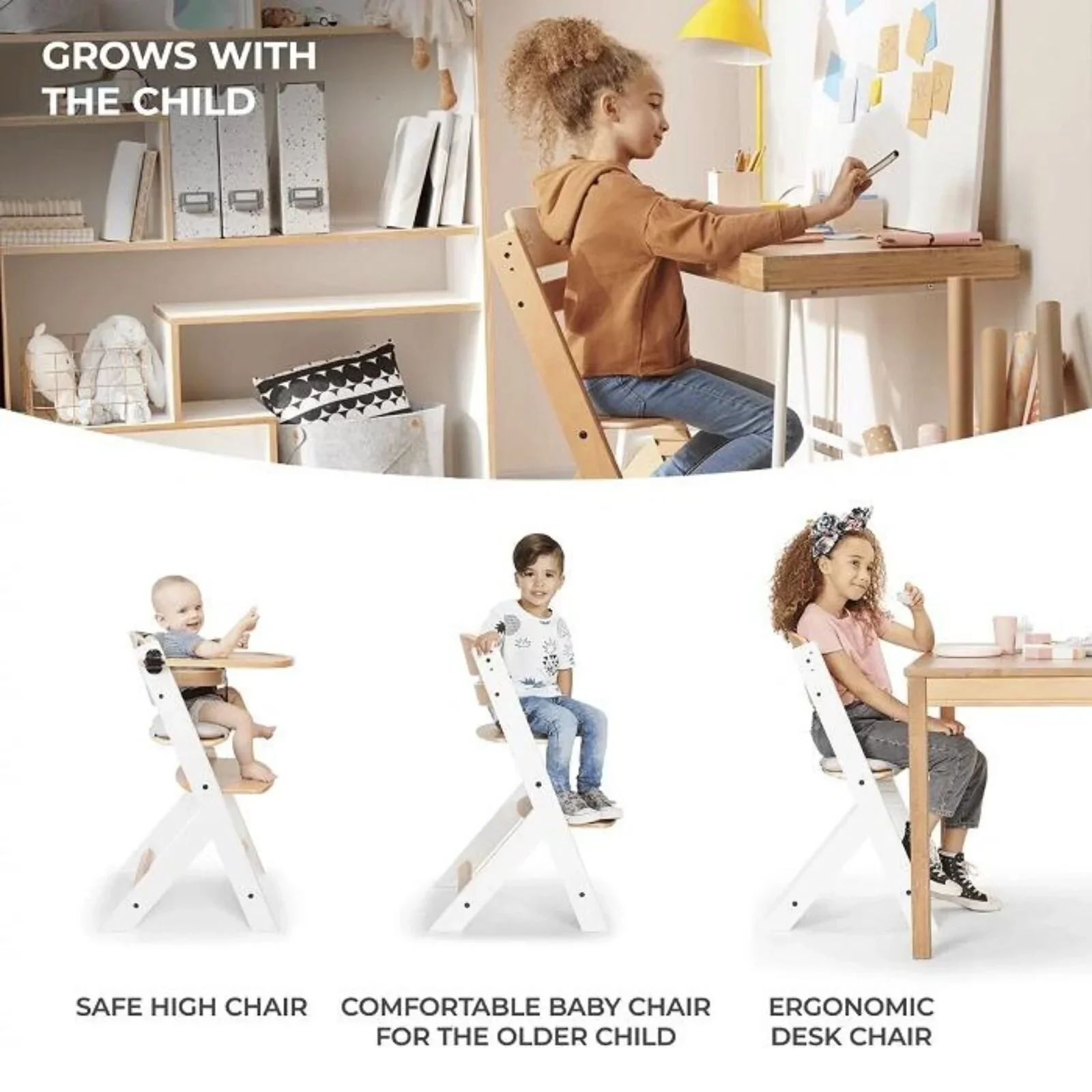 Kinderkraft Enock Wooden Highchair - Wooden White - Image 6