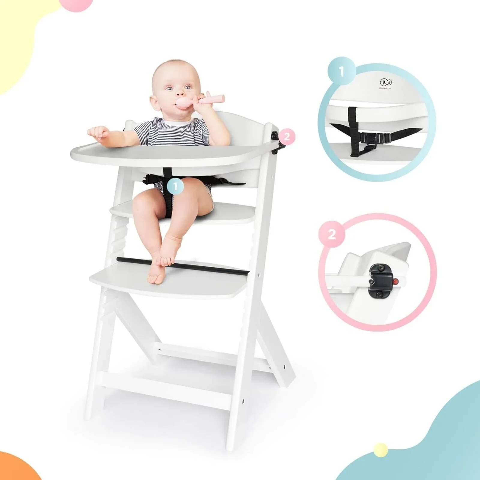 Kinderkraft Enock Wooden Highchair - White - Image 5