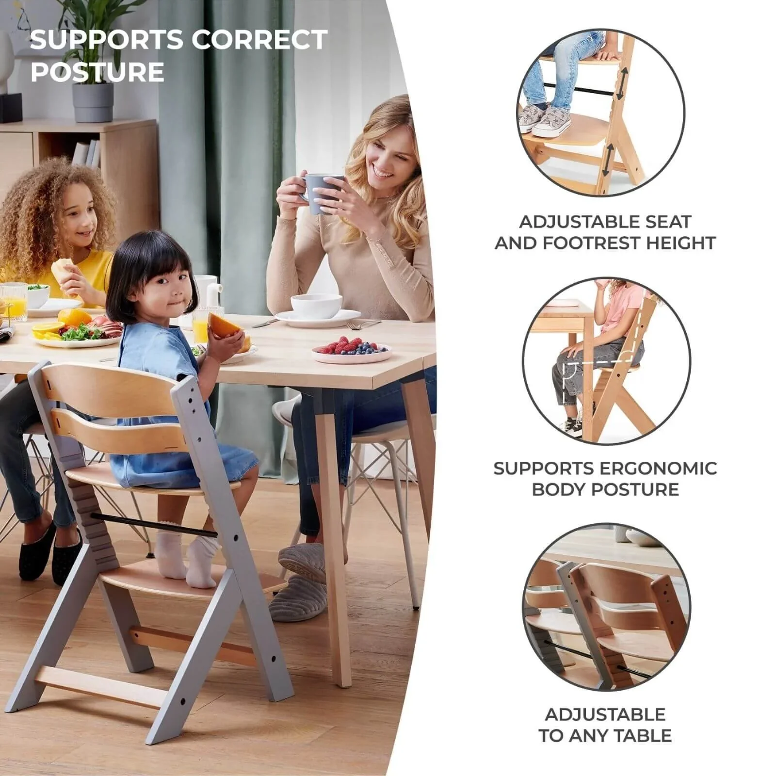 Kinderkraft Enock Wooden Highchair - Full Grey - Image 7