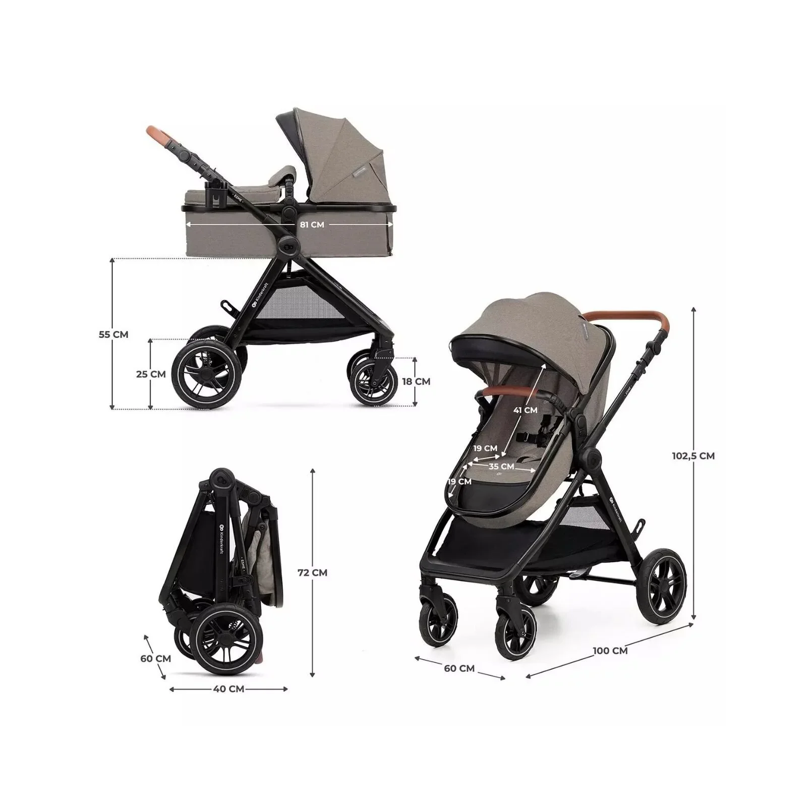 Kinderkraft Esme 3-in-1 Travel System with Mink Pro Car Seat - Sand Beige - Image 13