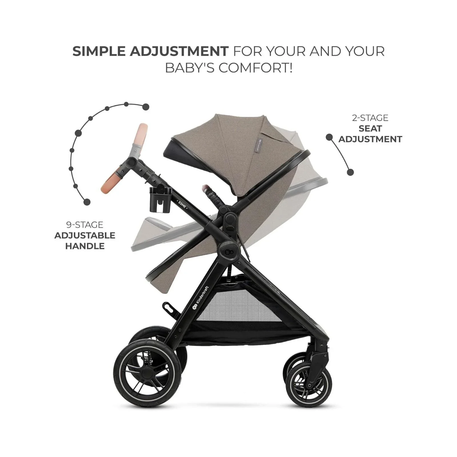 Kinderkraft Esme 3-in-1 Travel System with Mink Pro Car Seat - Sand Beige - Image 7