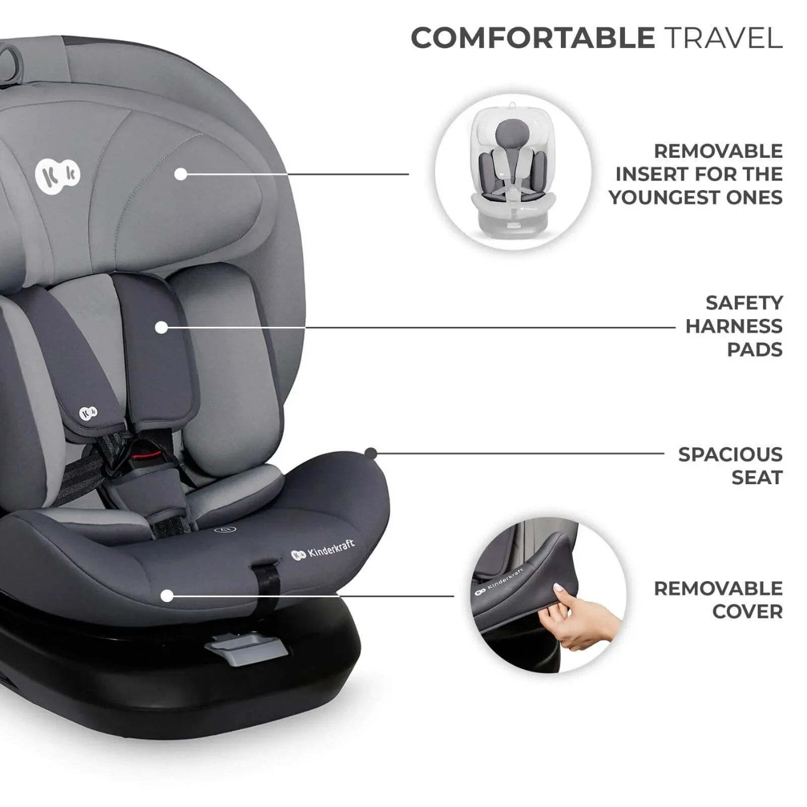 Kinderkraft i-Grow i-Size Car Seat (Birth to 12 Years) - Grey - Image 6