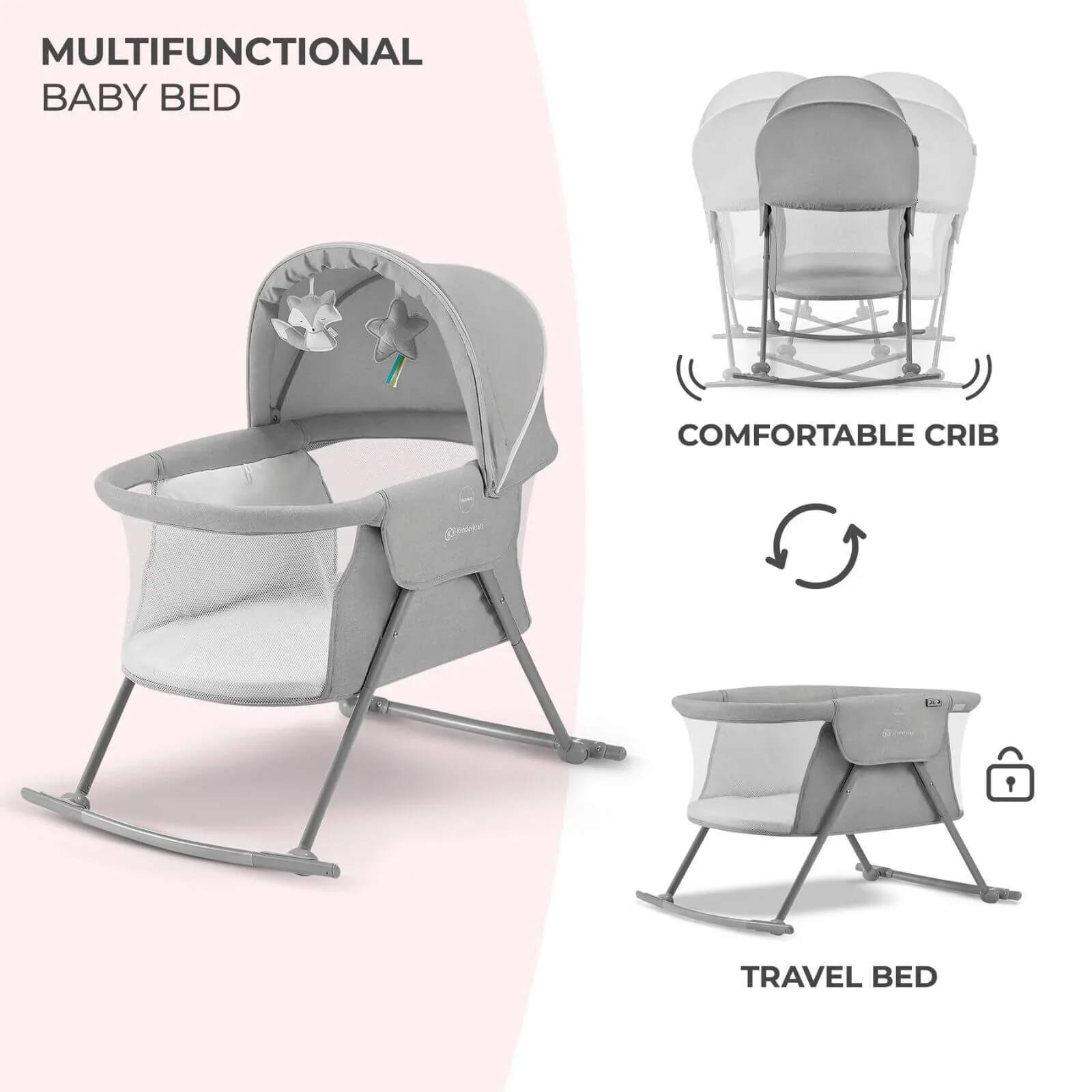 Kinderkraft Lovi 3-in-1 Baby Crib - Grey - Image 4
